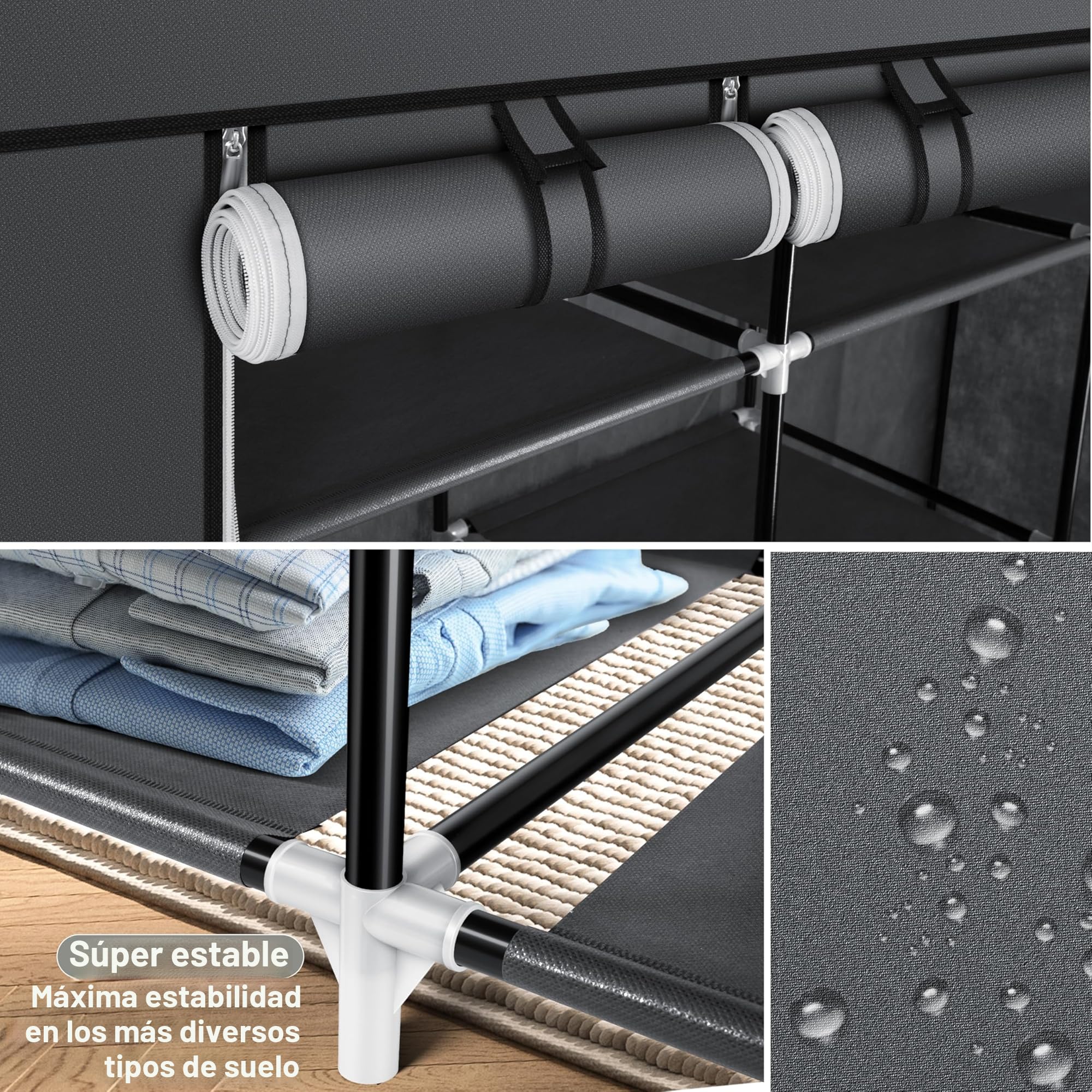 KESSER® Armario de tela estable con barra y estantes, incluye 5 perchas, armario plegable de tela para dormitorio, vestidor con perchero, 150 x 45 x 175 cm, antracita