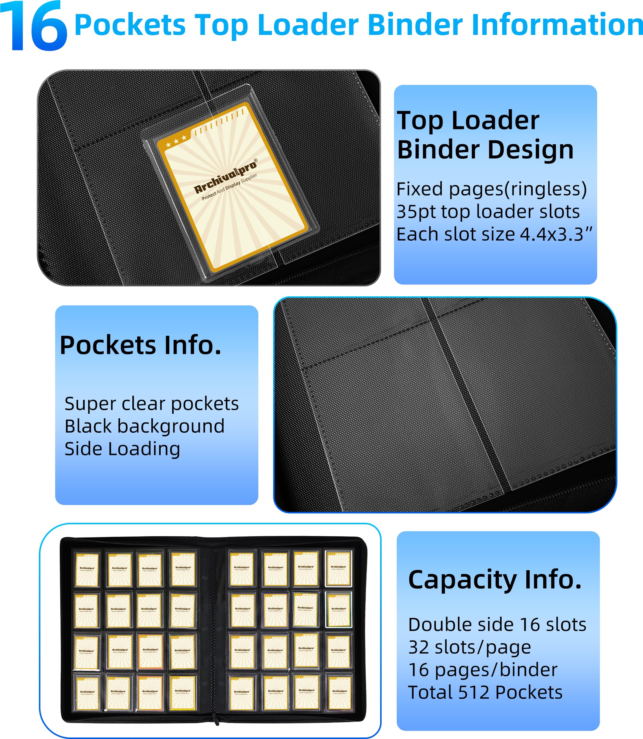 ARCHIVALPRO Toploader Binder 16 Pocket White- Premium Card Binder Album Holds 512 Toploaders (3x4 inch), Protect Your Valuable Cards