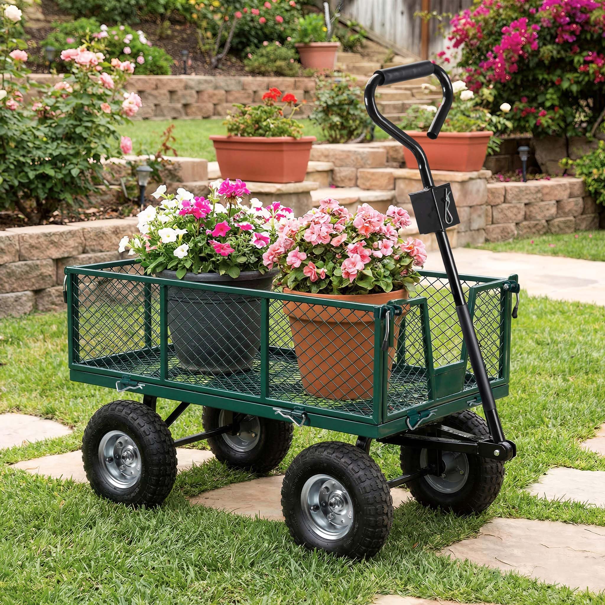 Wiltec Carrello da trasporto con sponde ribaltabili max 300 kg, incl.telone, per giardino campagna