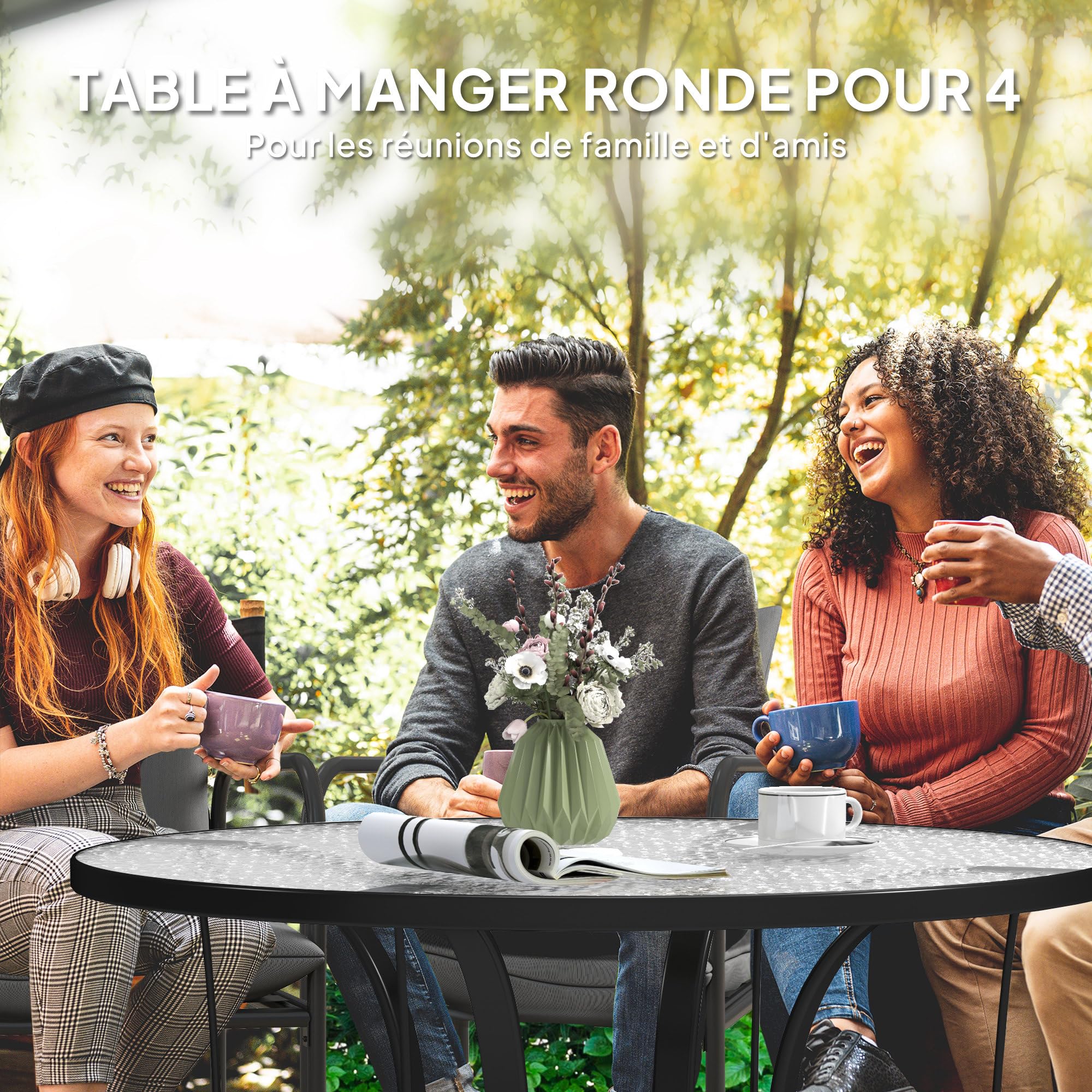 Outsunny Table de Jardin Ronde Ø96.5x71 cm Verre Trempé Métal Noir avec Trou pour Parapluie
