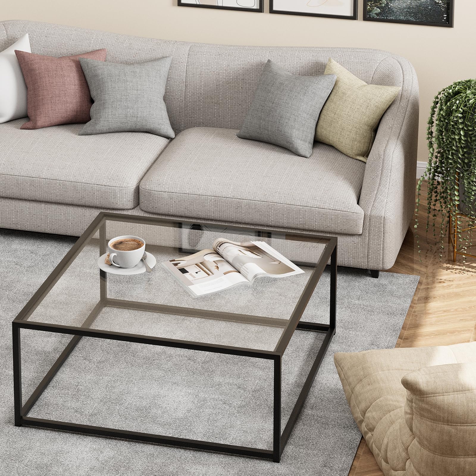 Adompacat Black Glass Coffee Table for Living Room,Square Coffee Tables for Smal - product photo