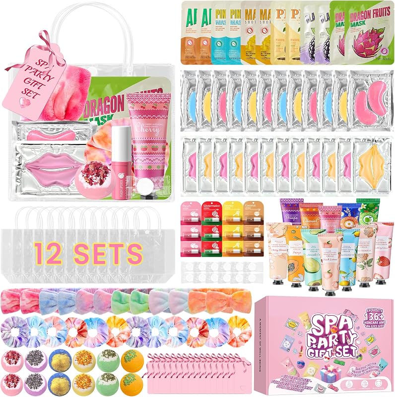 136 bolsas de recuerdos de fiesta para máscara de ojos, bálsamo labial, crema de manos y mascarilla facial, cuidado de la piel, bomba de baño de spa para pies y diadema, despedida de soltera, graduación de jubilación, amistad, hermana y regalos de cumpleaños para mujeres