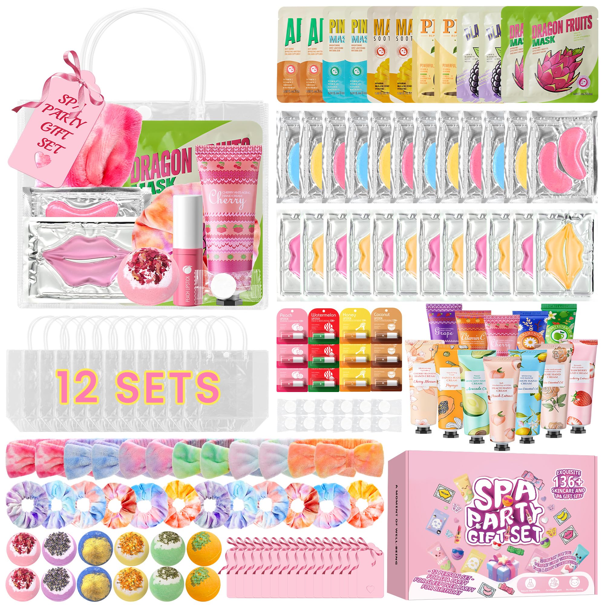 136 PCS Party Favors Bags for Eye Mask Lip Balm Hand Cream & Face Mask Skincare, Foot Spa Bath Bomb & Headband, Bachelorette Party, Retirement