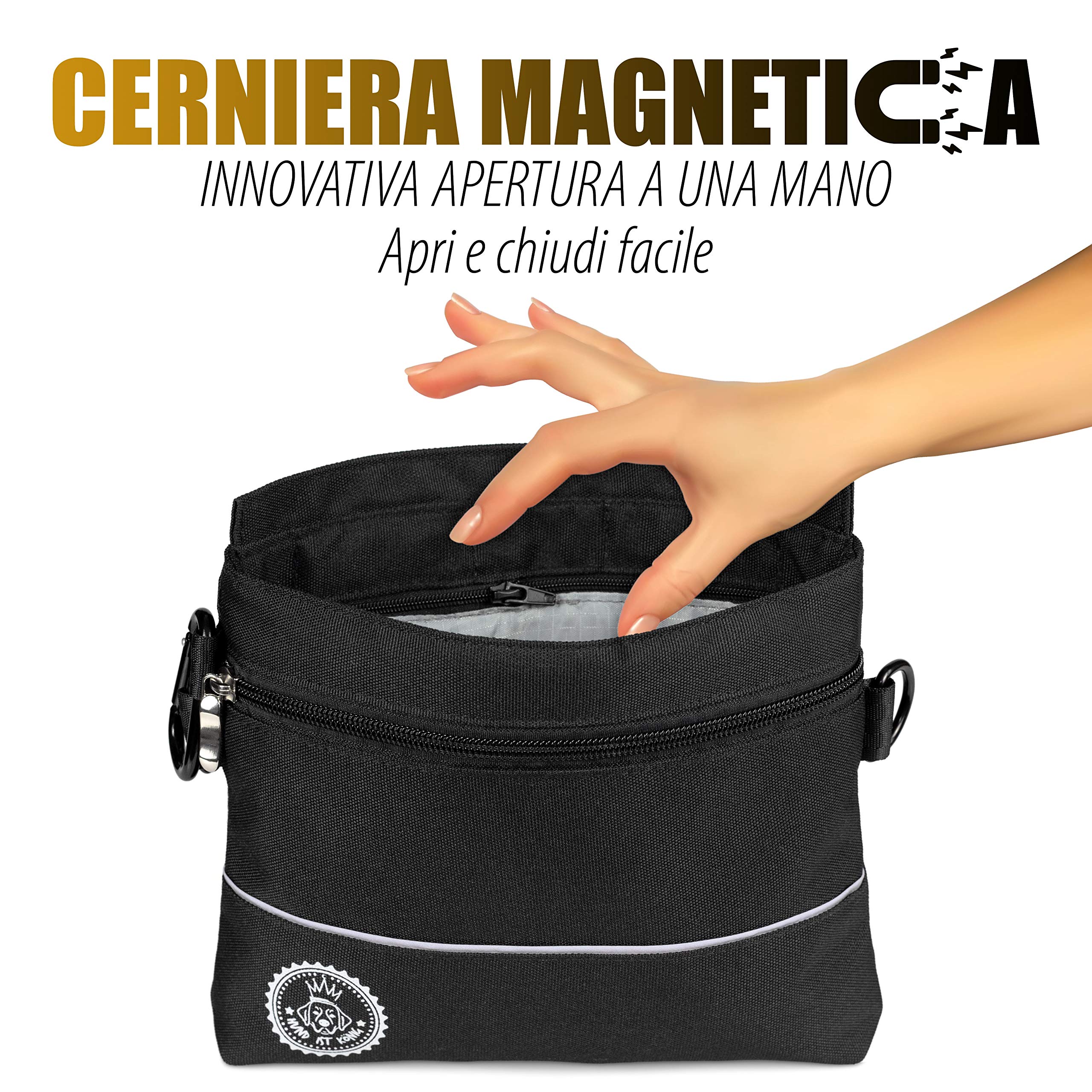 Borsa per premietti cane con tasca magnetica a una mano, 2 tasche con cerniera, tasca interna rimovibile, cinghia per spalla imbottita, moschettone gratuito, perfetto per addestramento agility canino