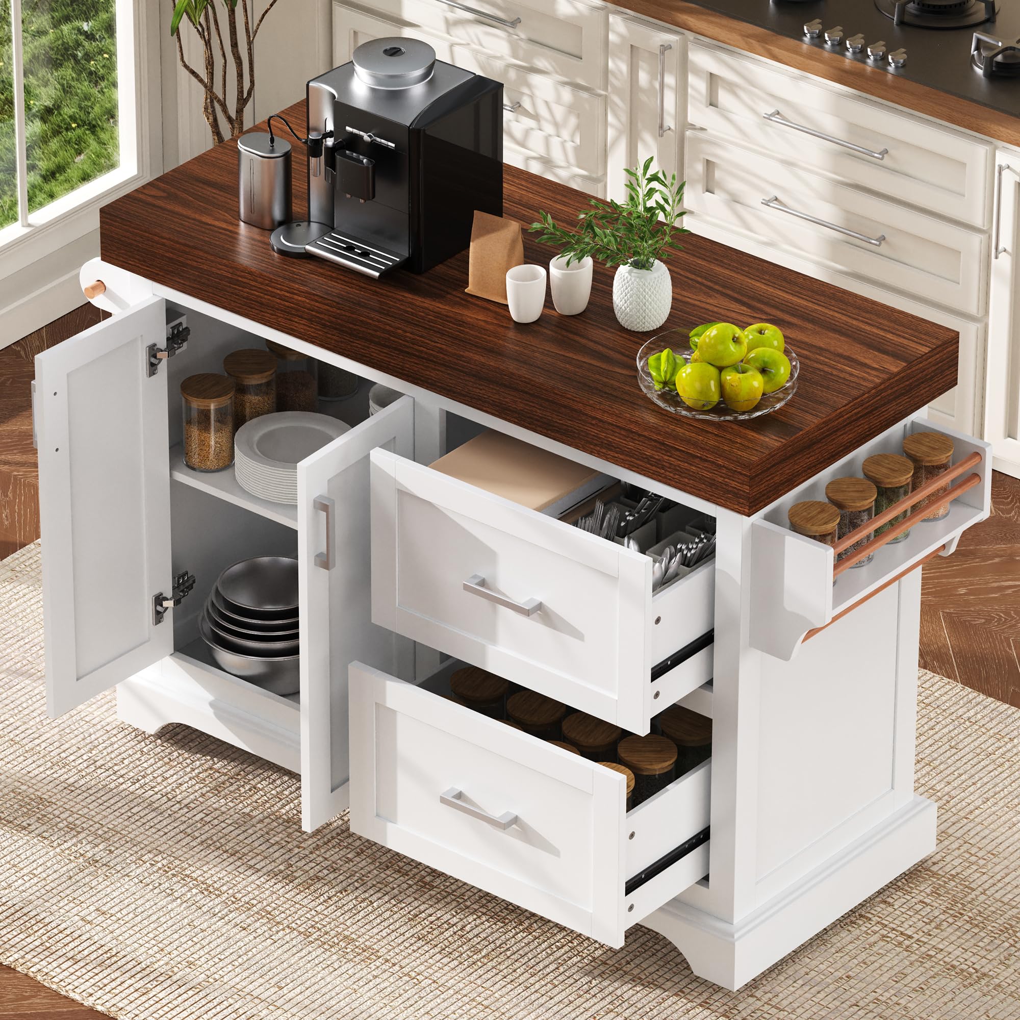 Photo 1 of *************INCOMPLETE ITEM, MISSING BOX #2 BOX IN SET*****************
53" Large Kitchen Island with 3.5" Thick Desktop, Spice and Towel Racks, Rolling Kitchen Island with Storage on 5 Wheels, 2 Extra-Large Drawers, for Home, Kitchen, Dining Room, White