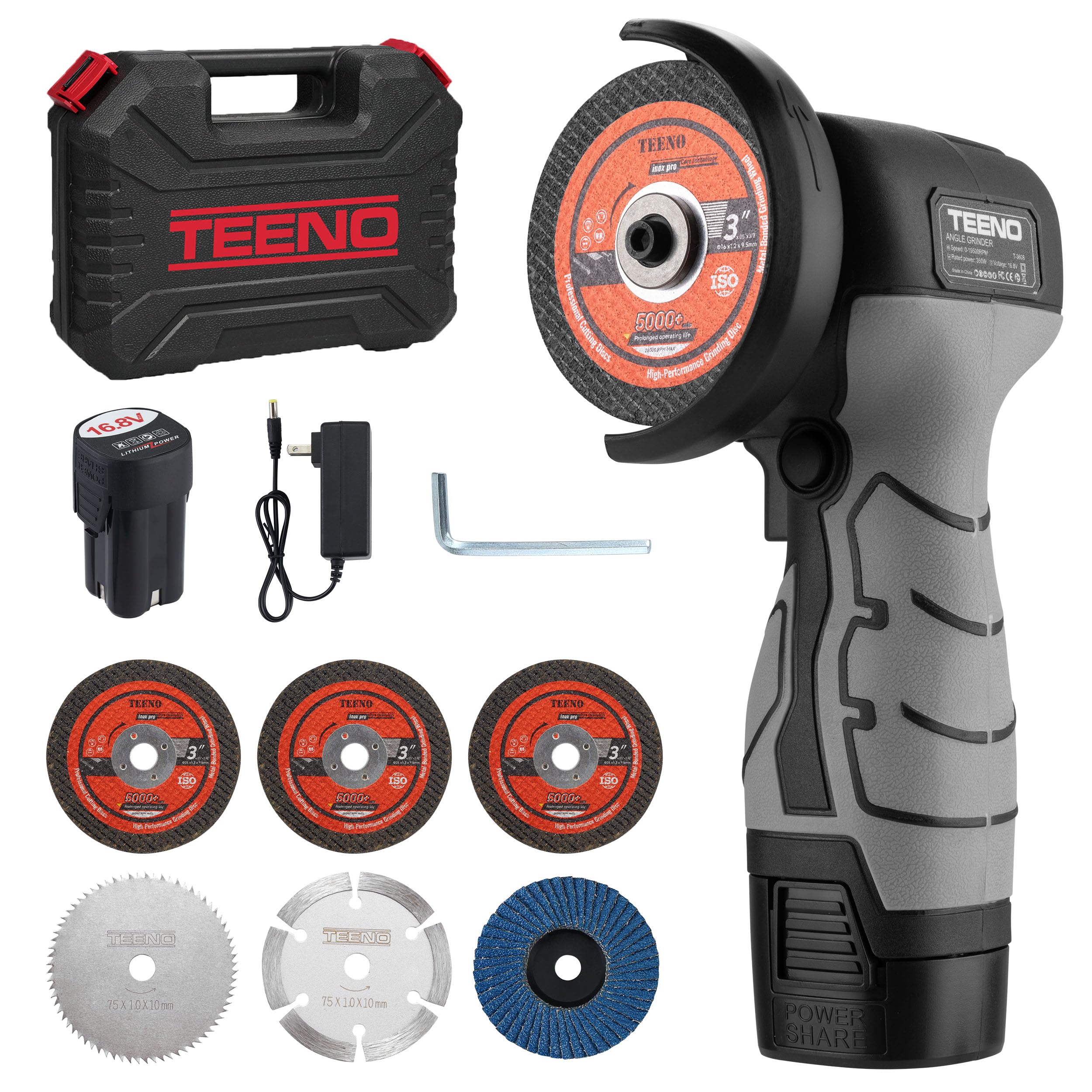 TEENO Mini Amoladora Angular Inalámbrica 16,8V, Radial de Batería 76 mm 19.500 RPM, Kit con 2 Baterías 2000 mAh, Cargador, 6 Discos y Maletín, para Cortar, Lijar y Pulir