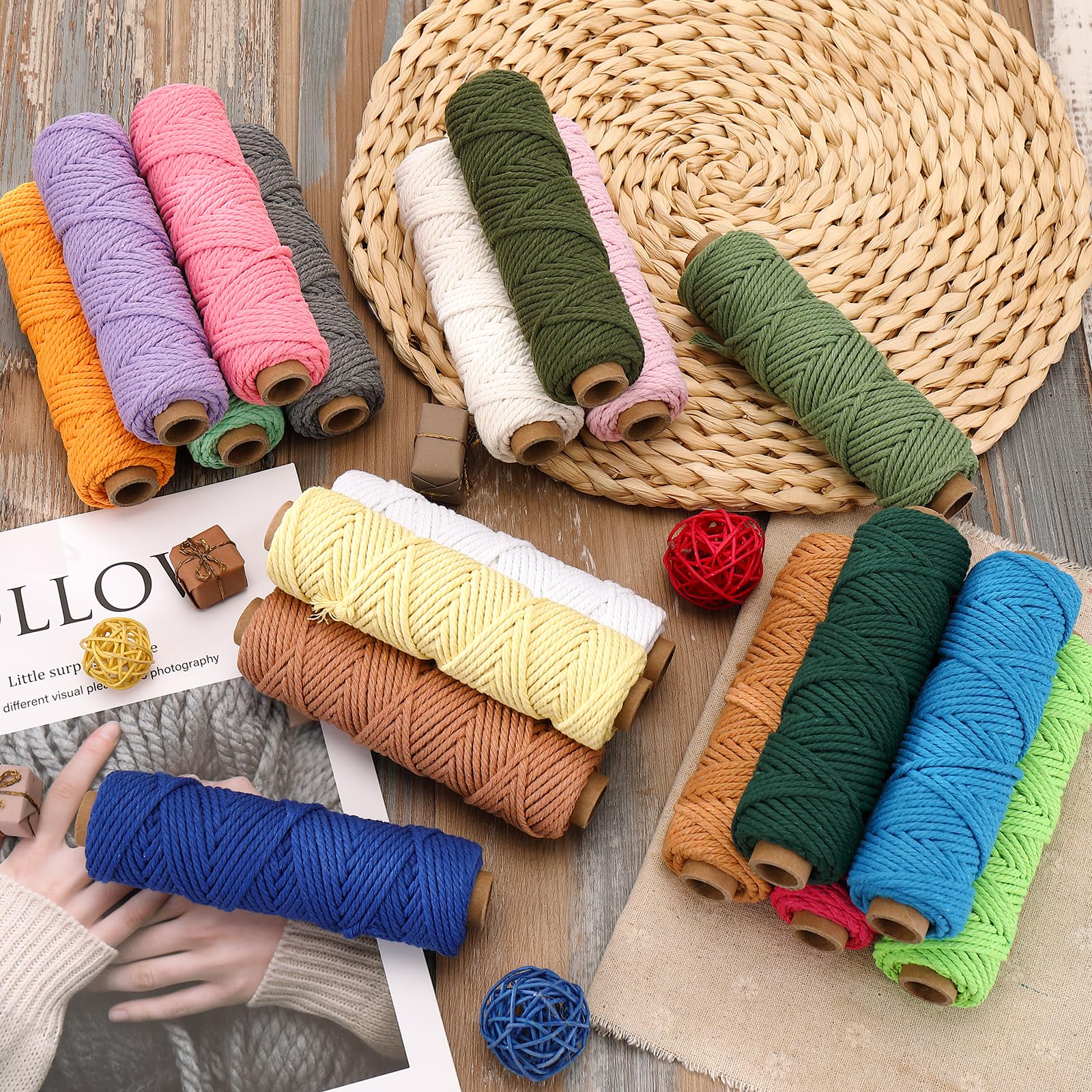 18 rollos de cuerda de macramé de 0.118 pulgadas x 594 yardas, juego de cuerda de cuerda de algodón para macramé de color natural, 4 hebras para colgar en la pared, colgar plantas, tejido de bricolaje 5