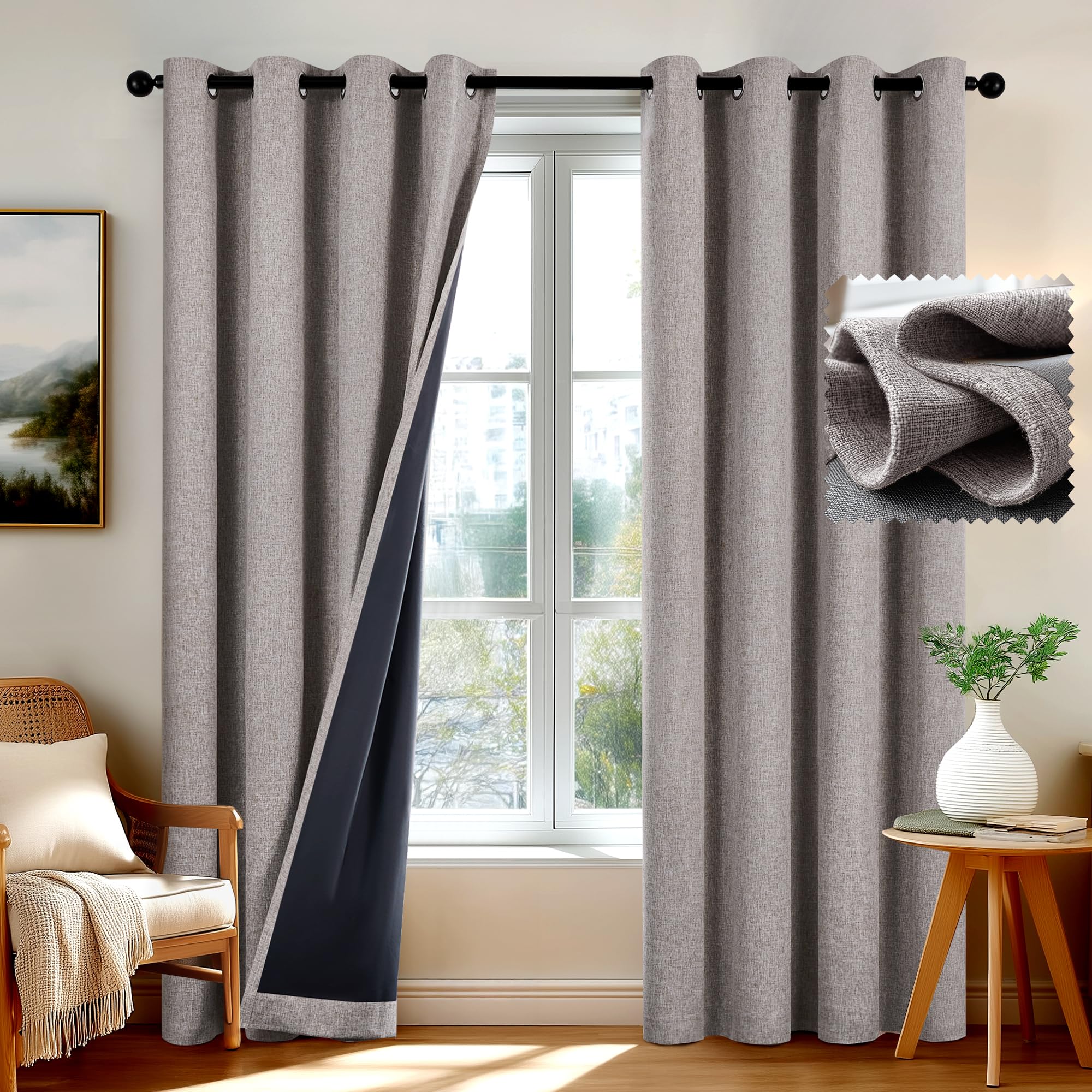 Deconovo 100% Blackout Thermal Curtains Faux Linen Windproof Eyelet Curtains for Bedroom with TPU Coating Back, Brown Khaki, W46 x L72 Inch 2 Panels