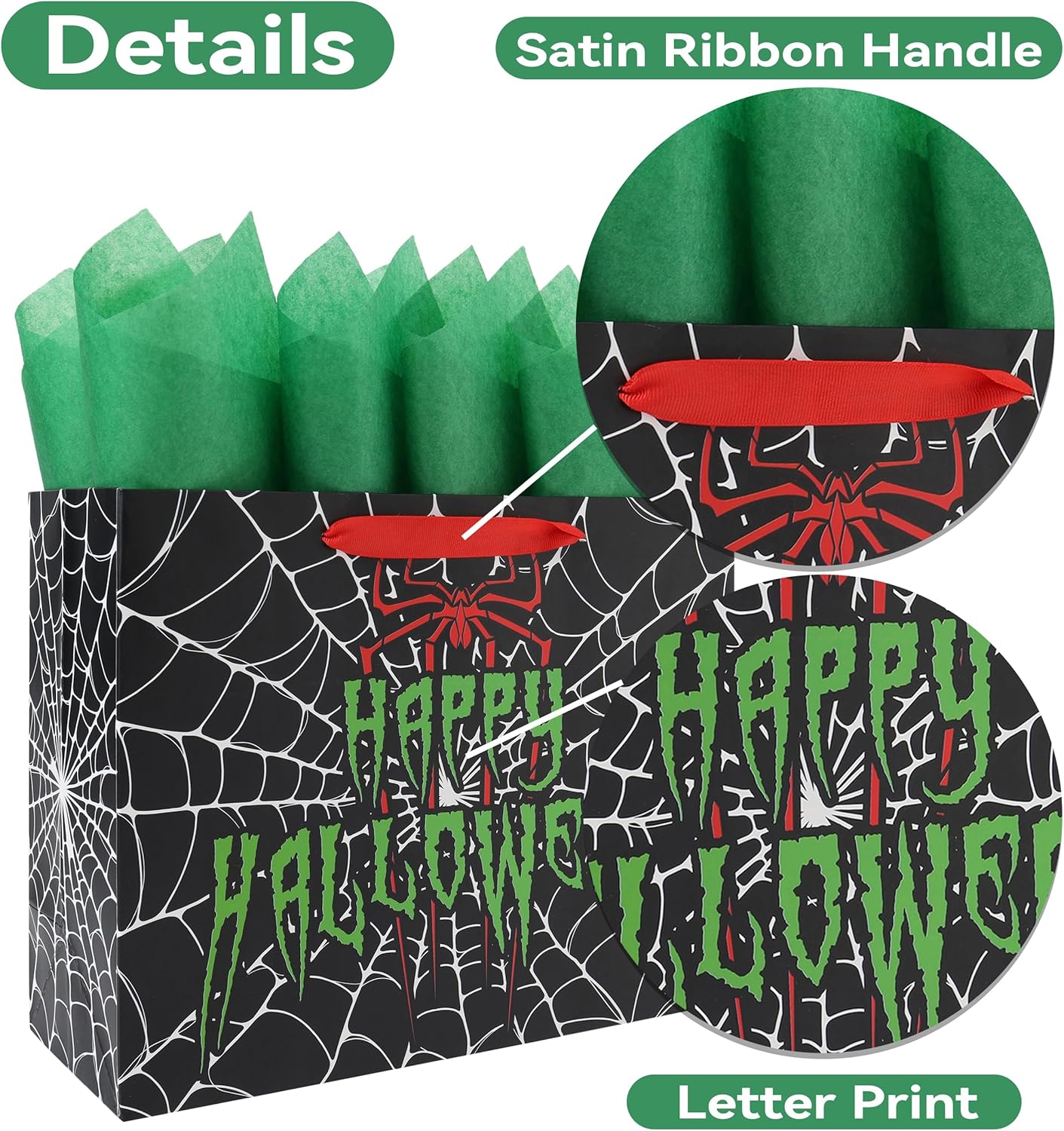 13'' Large Halloween Black Gift Bag Set with Handles, Greeting Card, Green Tissue Papers and Stickers for Halloween Party Favors, Spider Design, 1 Pcs - Image 4