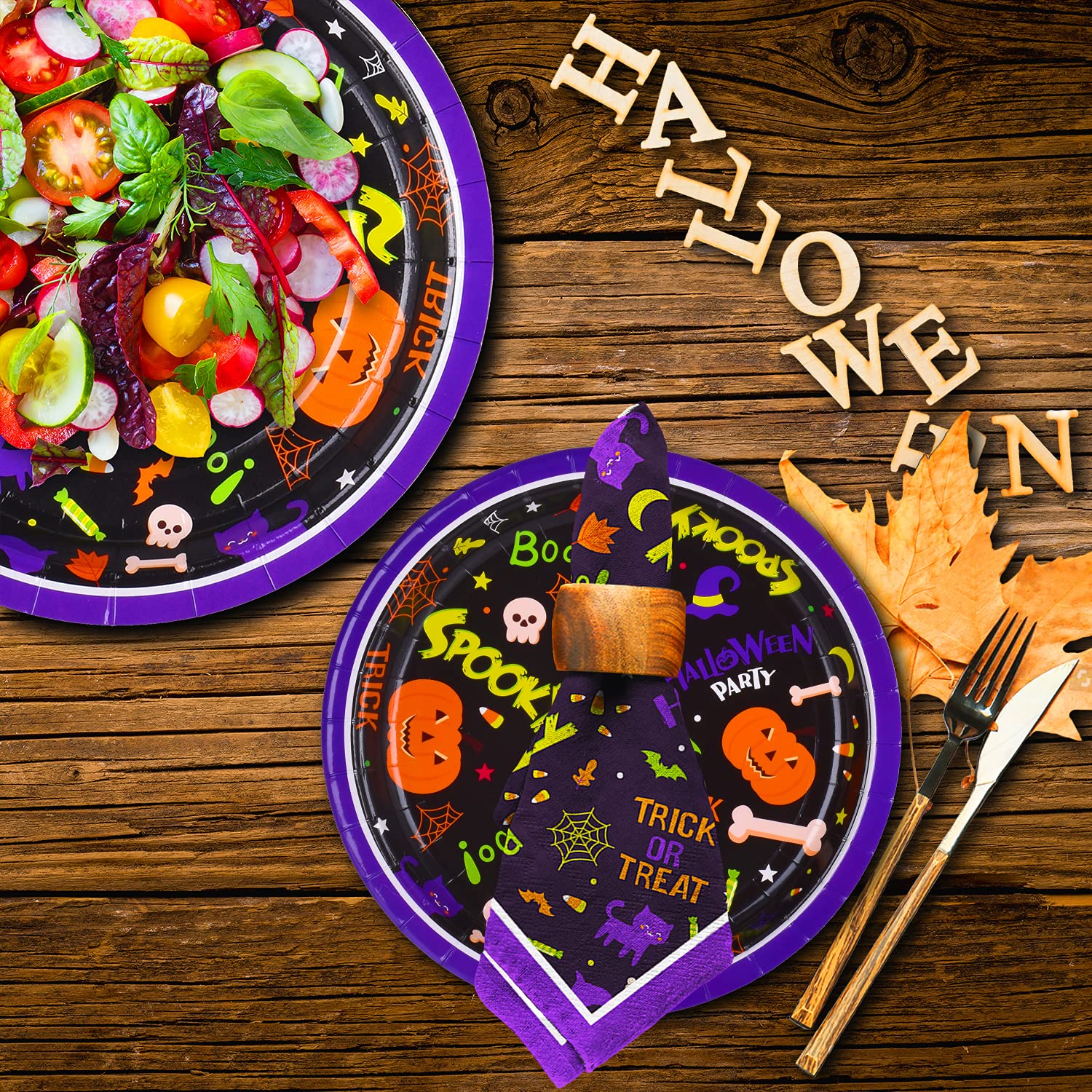 Gatherfun Halloween Party Supplies Disposable Paper Plates Napkins for Spooky Halloween Party Decorations Serve 50