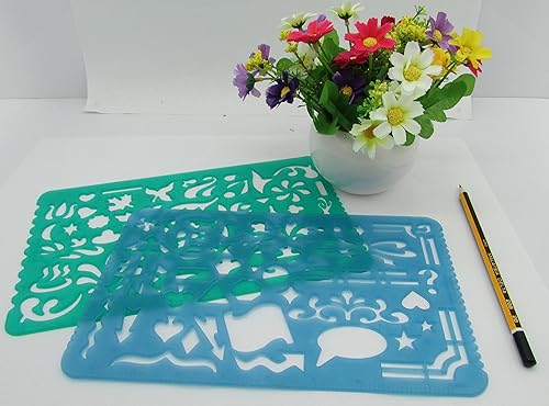 Miniatura 7 de Juego de 2 plantillas de plástico para plantillas, regla de dibujo con varios diseños recortados para proyectos de arte y manualidades, dibujo