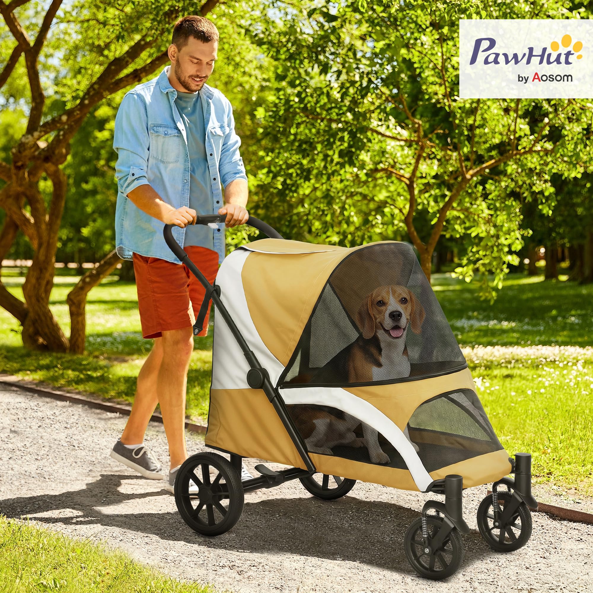 PawHut Poussette pliable pour grands chiens et chats jusqu'à 30 kg - Avec coussin, fenêtres en filet, portes, sac de rangement - Marron