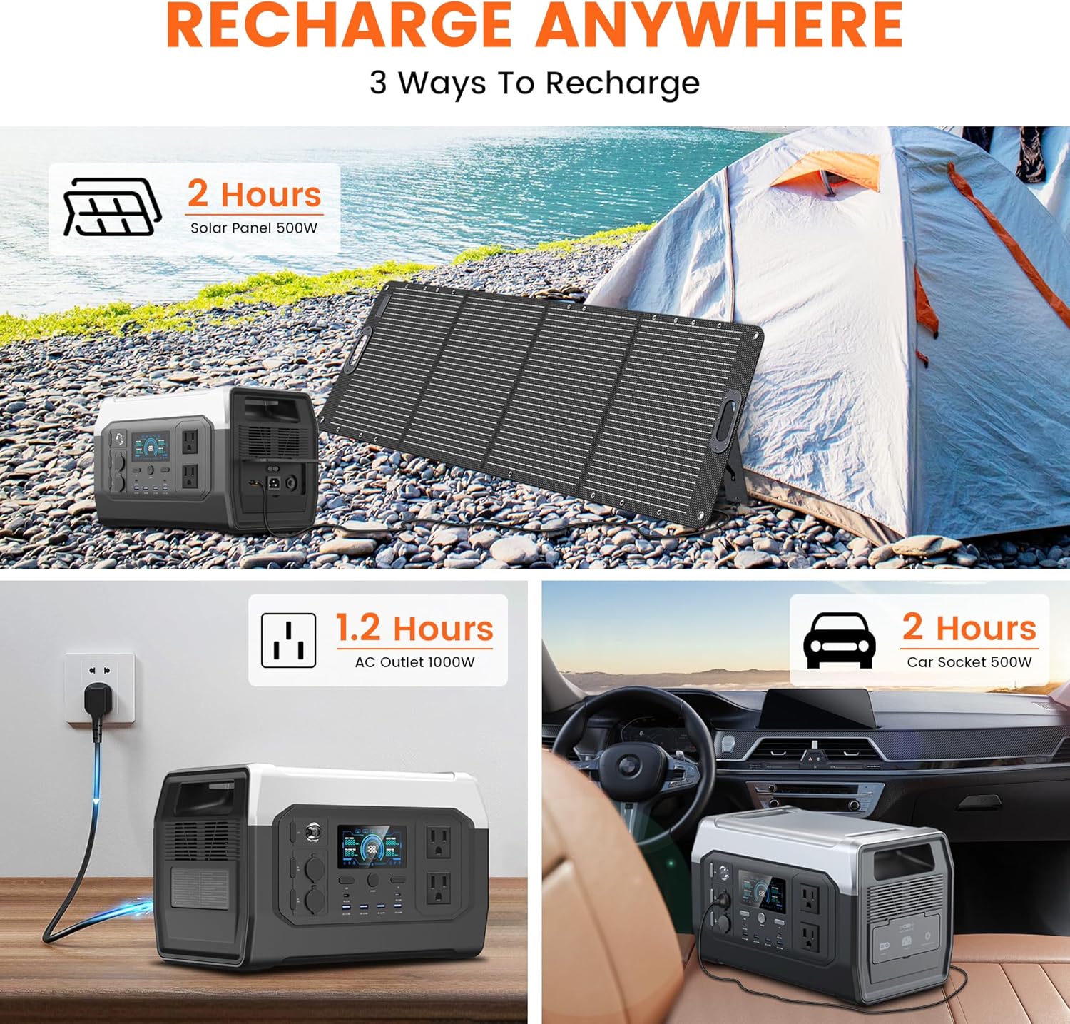 Image showing three ways to recharge the XP1000: via solar panel, AC wall outlet, and car socket, with estimated charging times.