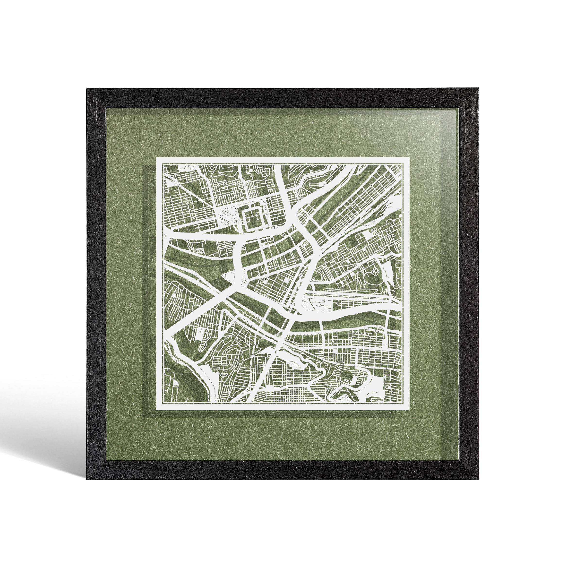 O3 DESIGN STUDIO Pittsburgh Paper Cut Map framed, White map, Black frame, 9x9 inches, Gift Boxed, 4 background color, self-changing, Paper Art