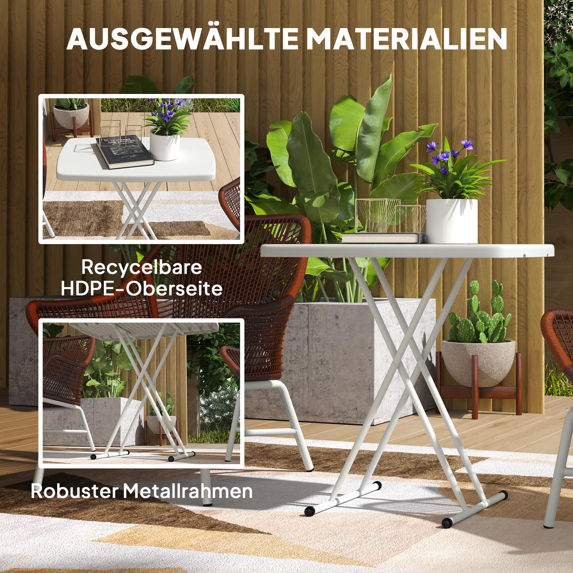 Outsunny Beistelltisch Garten höhenverstellbar Gartentisch, klappbar Balkontisch aus Kunststoff, rechteckig Kaffeetisch 50kg belastbar, 76x50x74H cm Sofatisch für Outdoor Indoor Balkon Terrasse Weiß