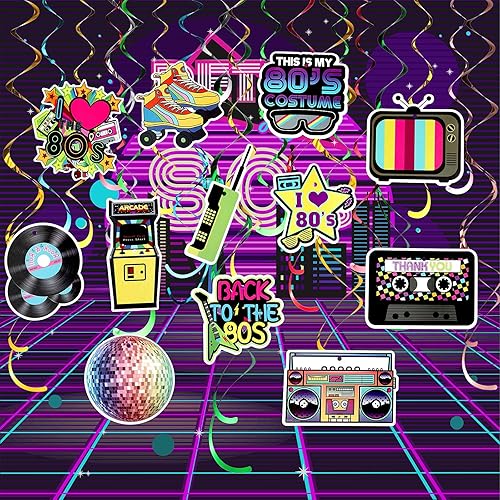 Miniatura 4 de Decoraciones de fiesta de los años 80 y 90, estilo retro de los años 80, hip hop, remolinos colgantes, decoración de techo para adultos de regreso a