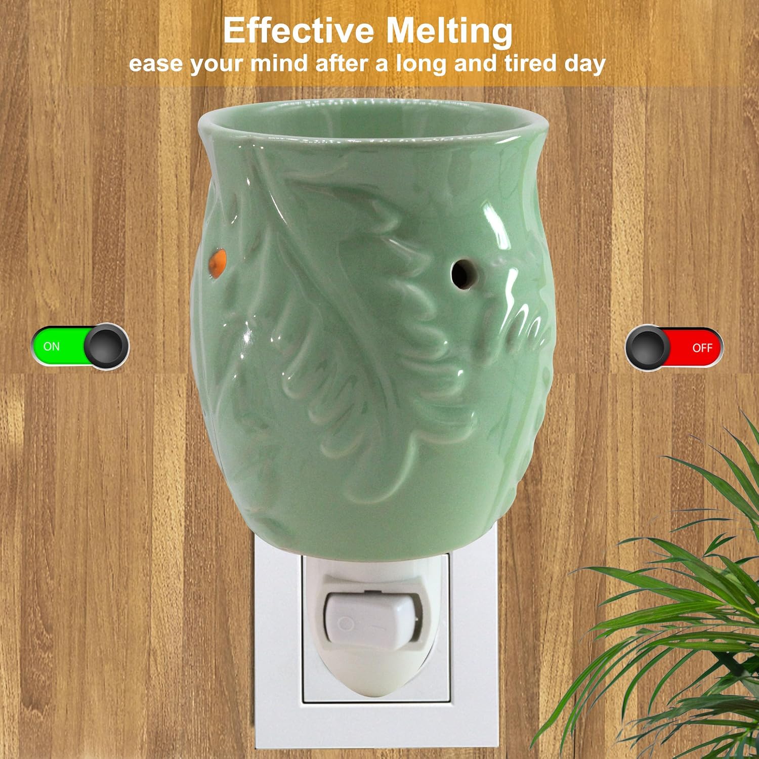 CVHOMEDECO. Wall Plug-in Electric Wax Melt Warmer Decorative Ceramic Fragrance Warmer for Scented Candle, Wax Melts, Tarts and Fragrance Oils, Night Light Decor., Tropical Leaves, Green