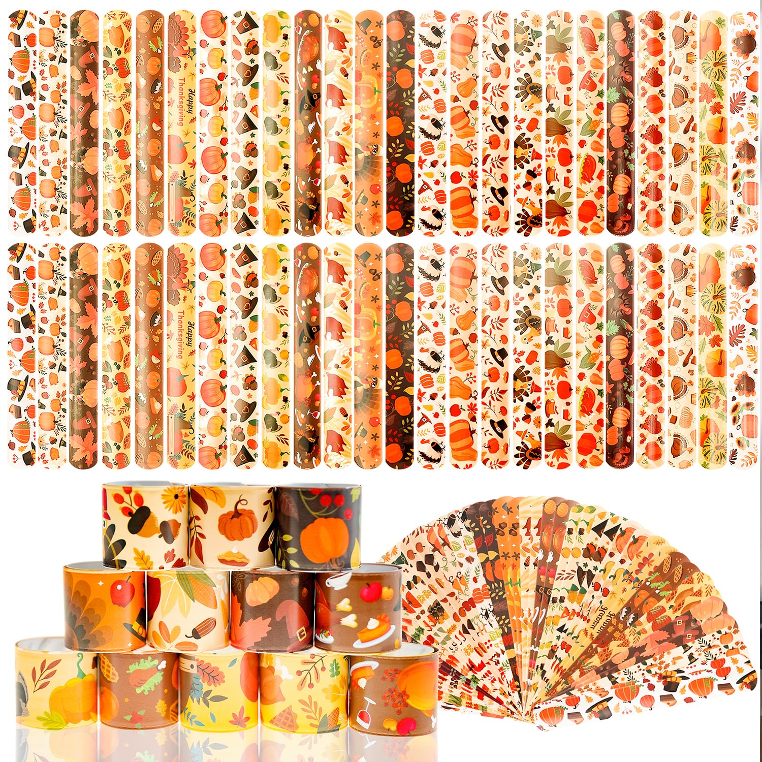 48Pcs Thanksgiving Slap Bracelets Thanksgiving Party Favors for Kids Thanksgiving Gifts for Kids Autumn Maple Leaf Turkey Pumpkin Slap Bracelets for Fall Party Favors Decorations Classroom Prizes