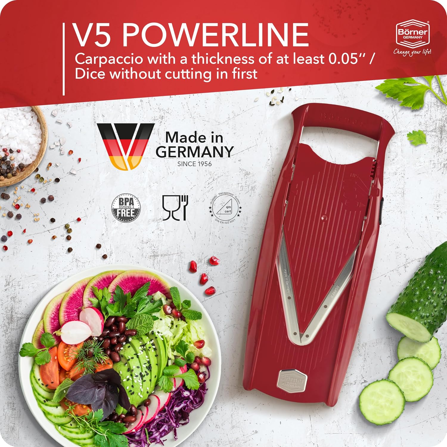 Börner Mandoline Slicer V5 (Professional Set) • Adjustable Vegetable Slicer (7-piece) • 10 Cutting Styles • Kitchen Slicer incl. Docking Station • Stainless Steel V-Blade • Color: Red