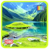 アルパイン湖の穏やかな-クリスタルウォーター＆火のテレビのための天気＆時計と静かな山の自然