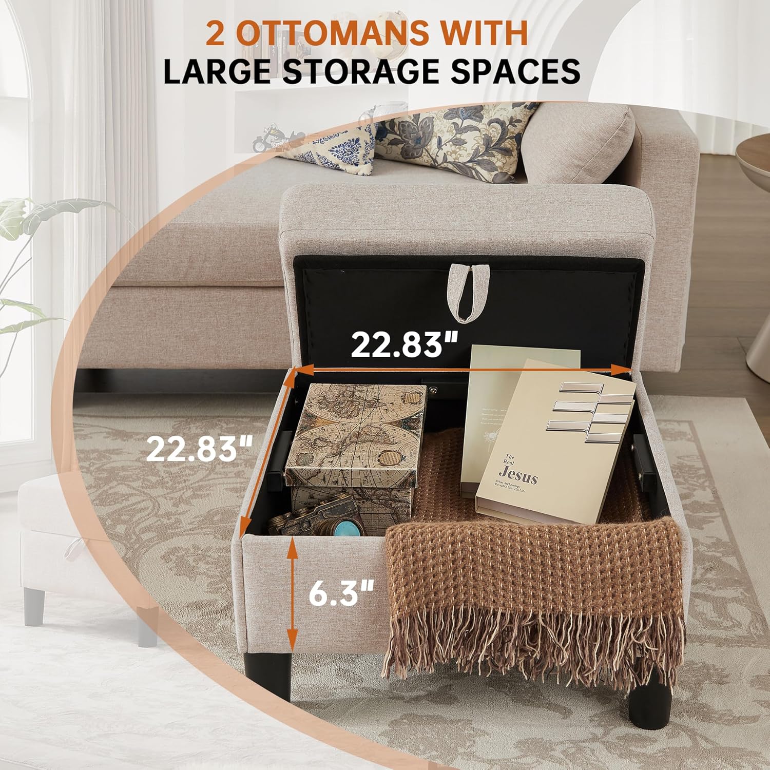 Open ottoman showing storage space