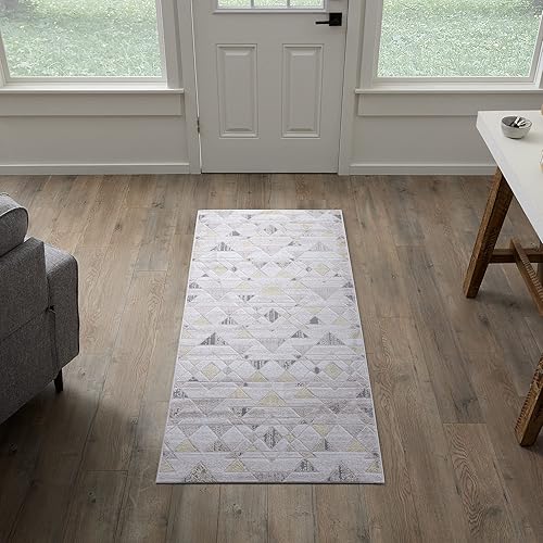 Edenbrook Alfombras de área para sala de estar, alfombra triangular abstracta color crema y gris, pelo bajo, zonas de alto tráfico, alfombra de 2.5