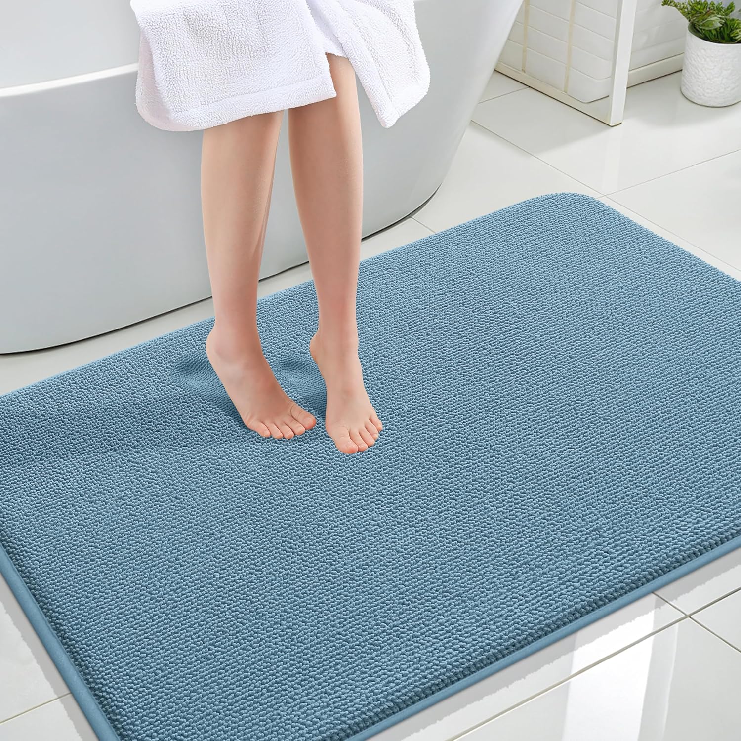 OLANLY Thick Memory Foam Bath Mat Rug 47x32, Extra Soft Absorbent Bathroom Rug, Quick Dry Bath Mats, Non-Slip, Machine Washable Carpet for Bathroom, Tub and Shower, Home Decor Accessories, Airy Blue