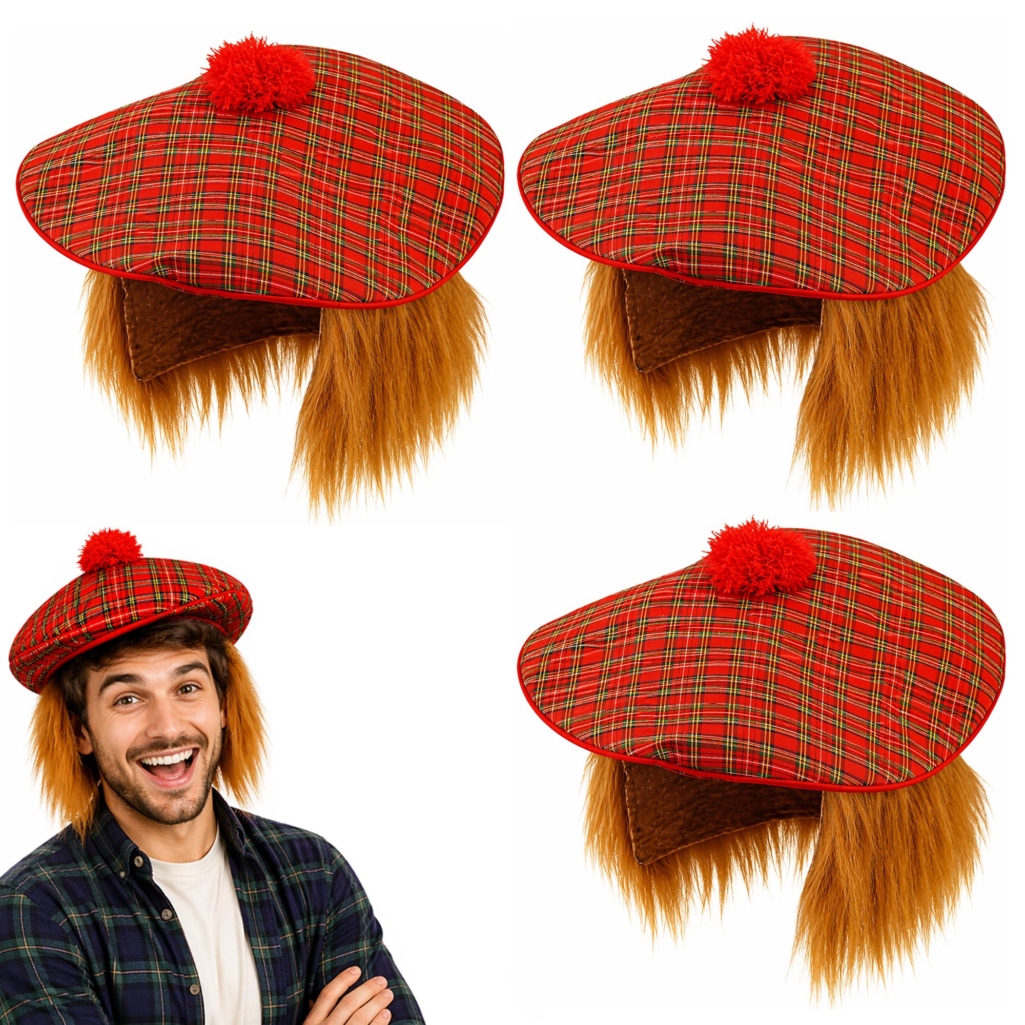 Lizzy 3pcs Tam O'Shanter Hat Red Tartan with Orange Hair Scottish Fancy Dress Hat One Size Costume Hat for Burns Night Rugby Football Events Scottish Costume Accessories with Tattoos