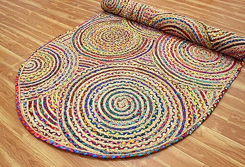 Miniatura 9 de Collection - Alfombra ovalada de 8 x 10 pies, alfombra ovalada multicolor de yute de algodón Chindi, alfombra geométrica Kilim para interiores y