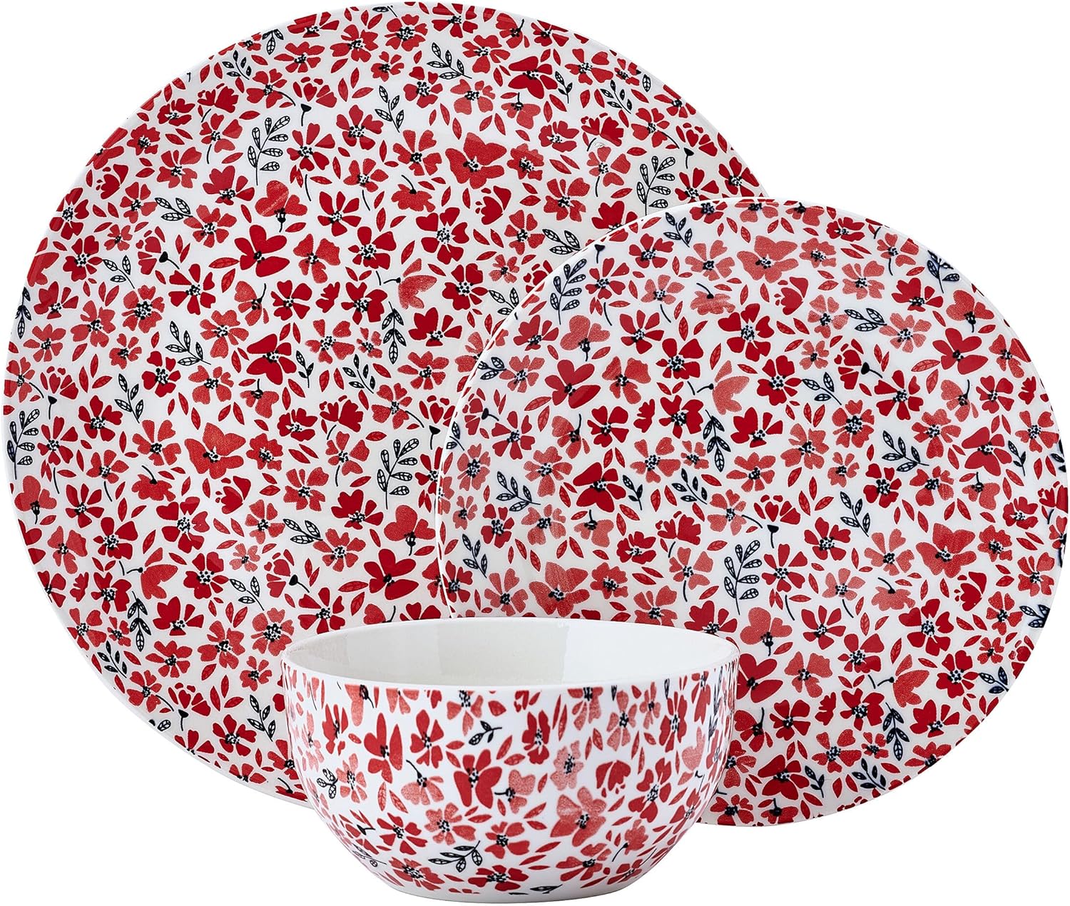 Pfaltzgraff Radiant Blossom 12 Piece Floral Stoneware Dinnerware Plate Bowl Dish Set, Service for 4, Red - Image 2