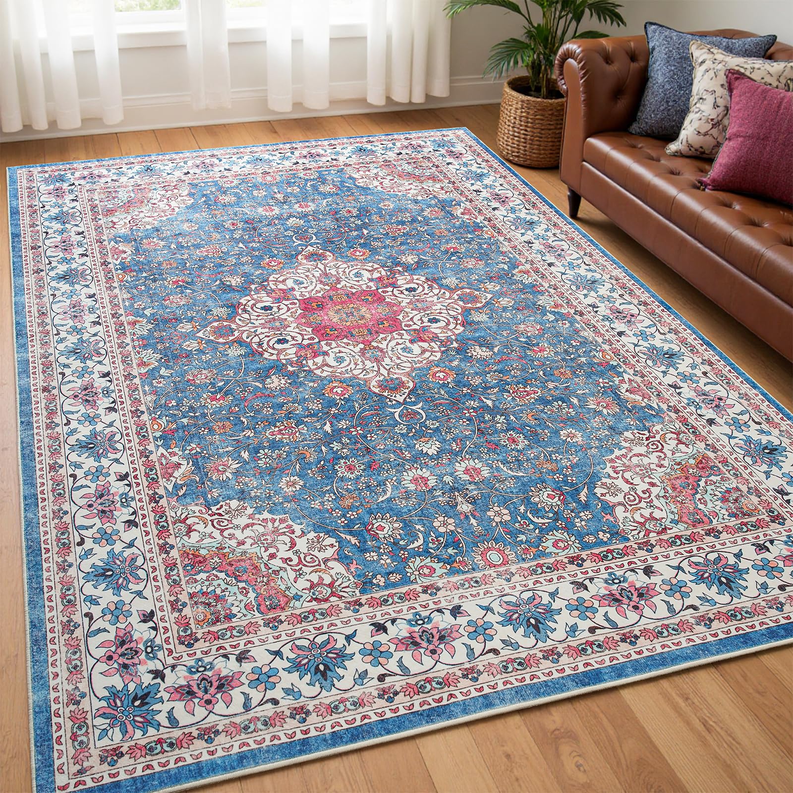 Photo 1 of Goideal Washable Rug 4x6, Vintage Area Rugs Non Slip, Indoor Low Pile Carpet with Rubber Backing for Living Room Kitchen Bathroom Entryway Office Bedroom, Blue & Hot Pink