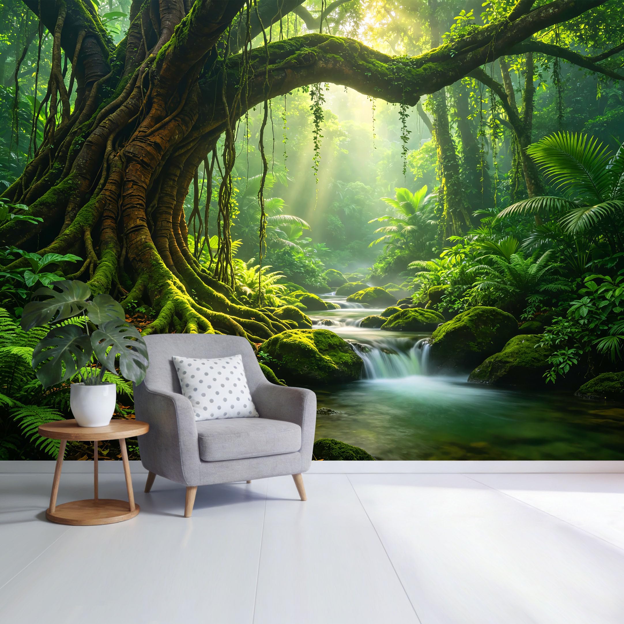 Custom Size Wall Mural Tropical Rainforest River Mossy Trees Sunbeam Landscape Removable Self Adhesive Fabric，Home Wall Decor for Living Room Bedroom Bathroom