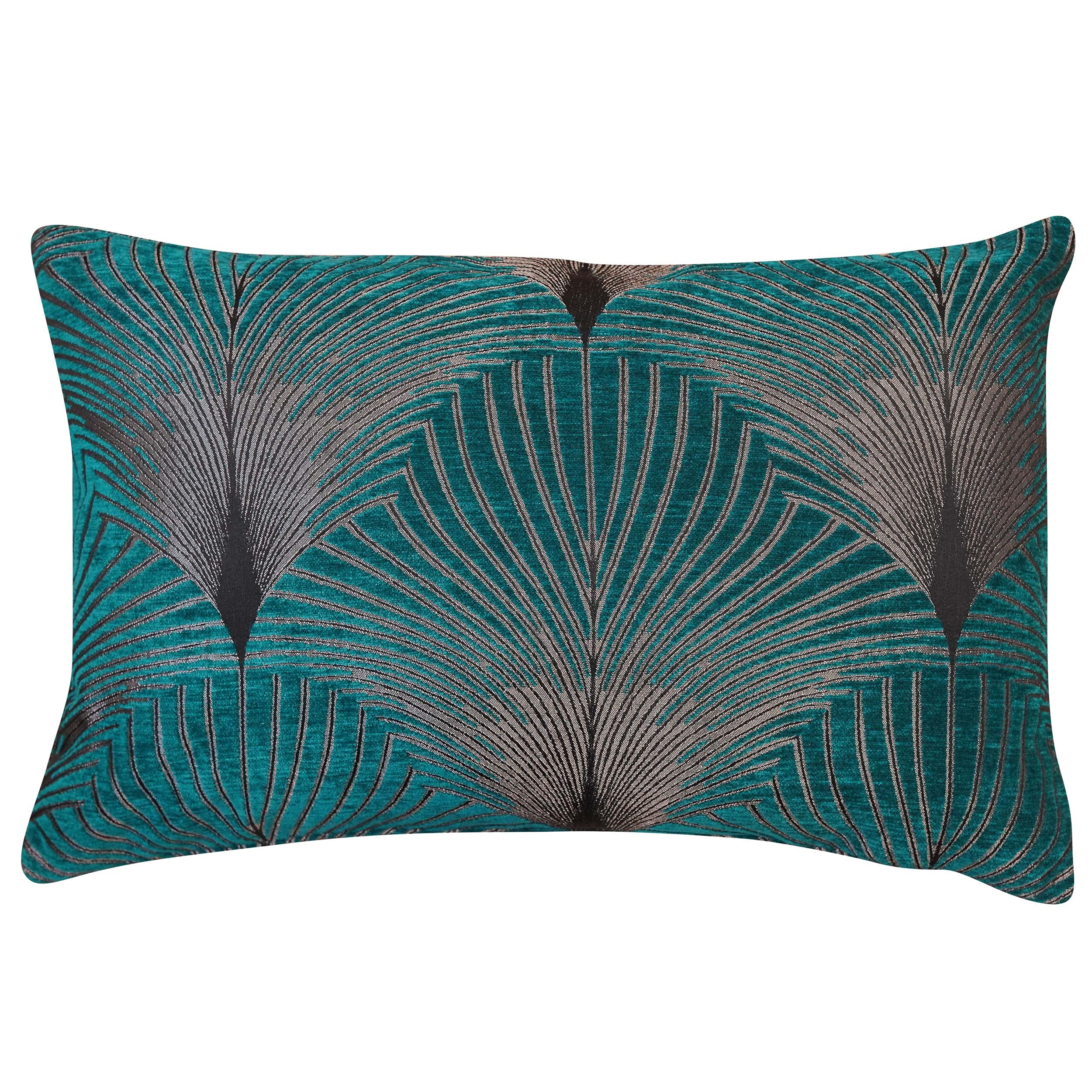 Linen Loft Teal Art Deco Retro Fan Xl Rectangular Cushion Cover. Blue And Silver Vintage Design. Luxury Velvet Chenille. 23X15 Xl Rectangle Cushion. Cover Only.