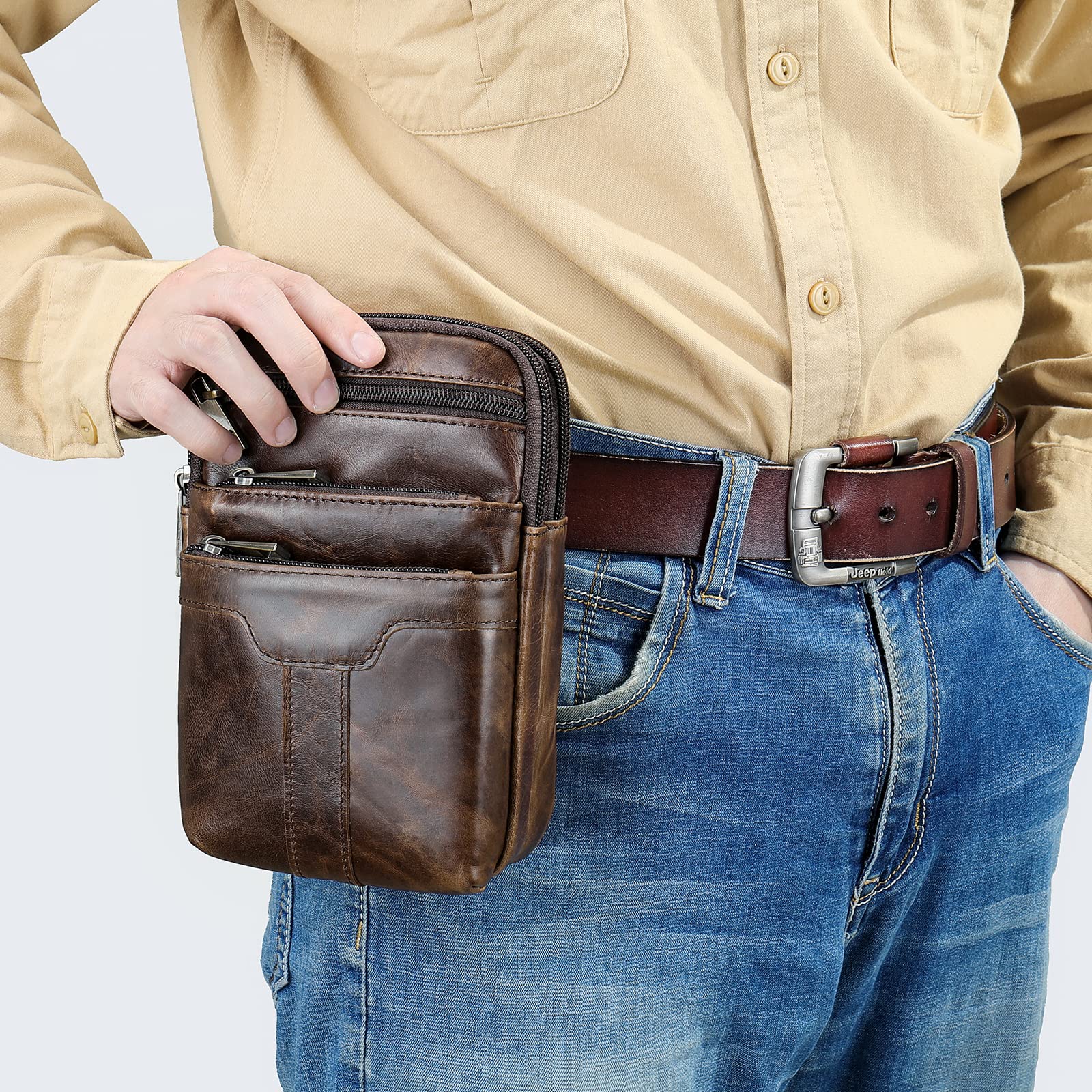 Pochette Téléphone Portable Homme Café, Sacs Bandoulière en Cuir Homme, Business Sac Porte épaule Sac à Main Cuir Portefeuille Étui Imperméable avec Bandoulière Réglable pour Voyage Randonnée Sport