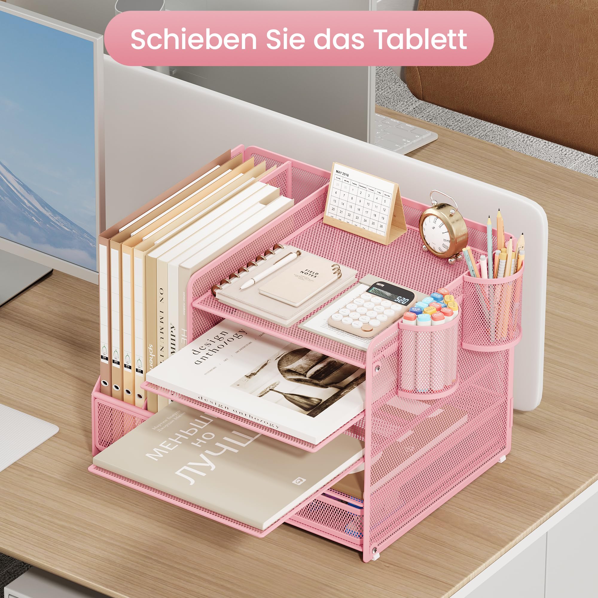 VITVITI Schreibtisch Organizer, 5 Ebenen Briefablage mit Schubladen, Aktenhalter mit 2 Stiftehalter, Büro Organizer mit Stehsammlere, Bürobedarf für A4 Dokumentenablag (Rosa)