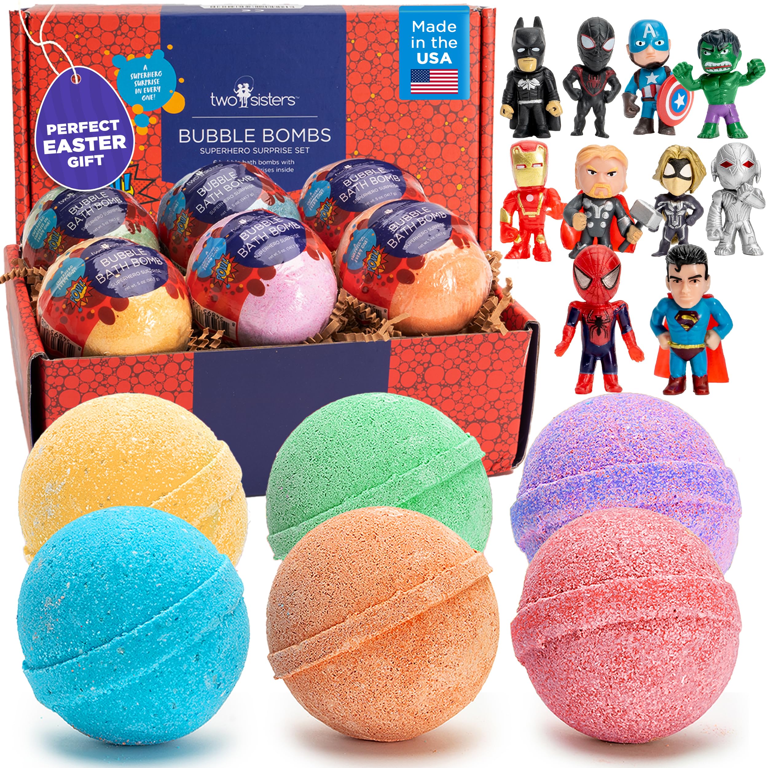 Superhero Bath Bombs for Kids with Surprise Toys Inside (6 Pack) - Large Bubble Bomb Fizzies for Boys, Girls, & Toddlers - Boys Easter Basket Stuffers and Gift, Fruity Scents, USA Made by Two Sisters