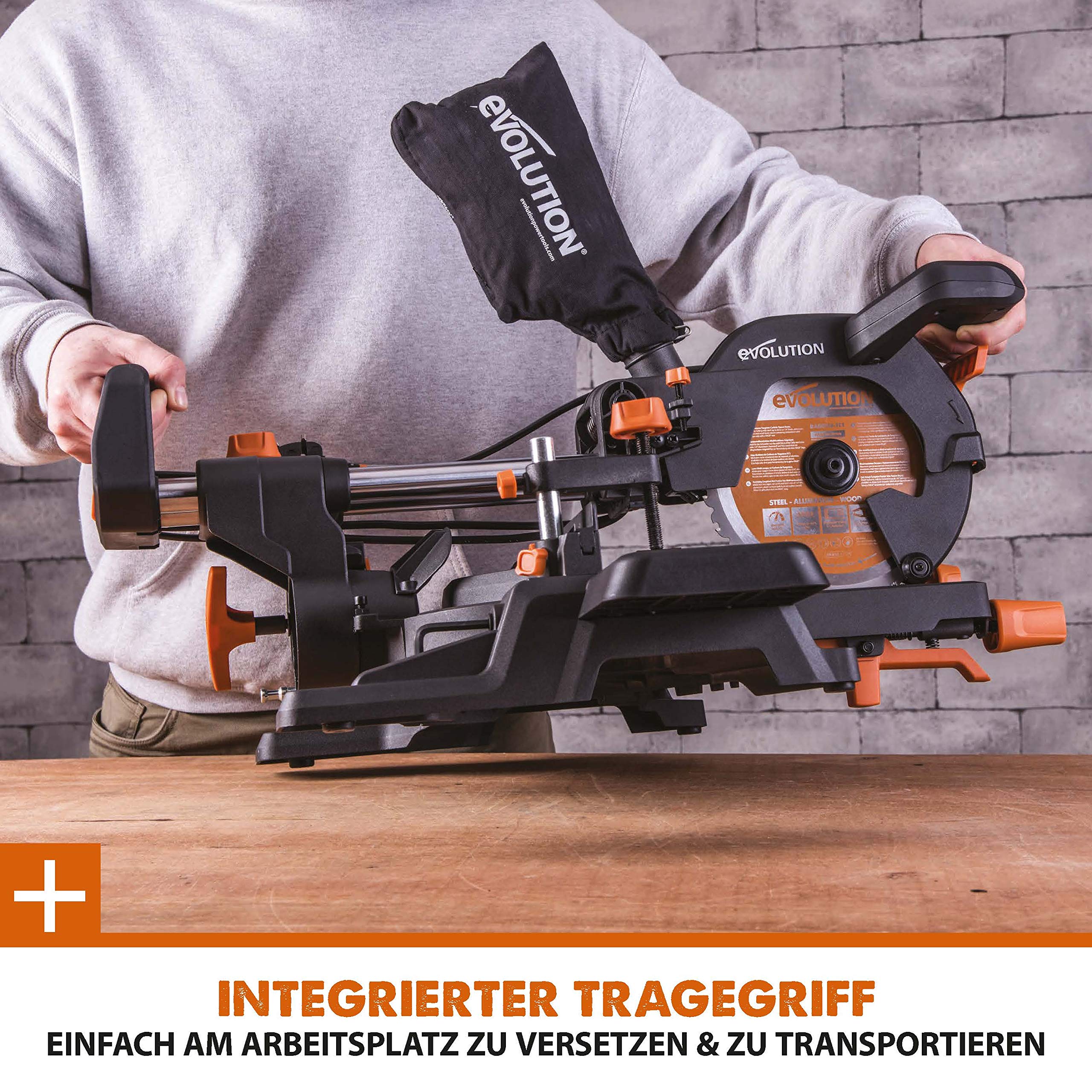 Evolution Schiebe-Kapp- und Gehrungssäge R210SMS-300+ | 1500 W, 300 mm Gleitfunktionalität, Schrägschnitt, Gehrungswinkeln | Ø 210 mm HM TCT Sägeblatt für Multimaterialschnitt | Zug-kapp-gehrungssäge