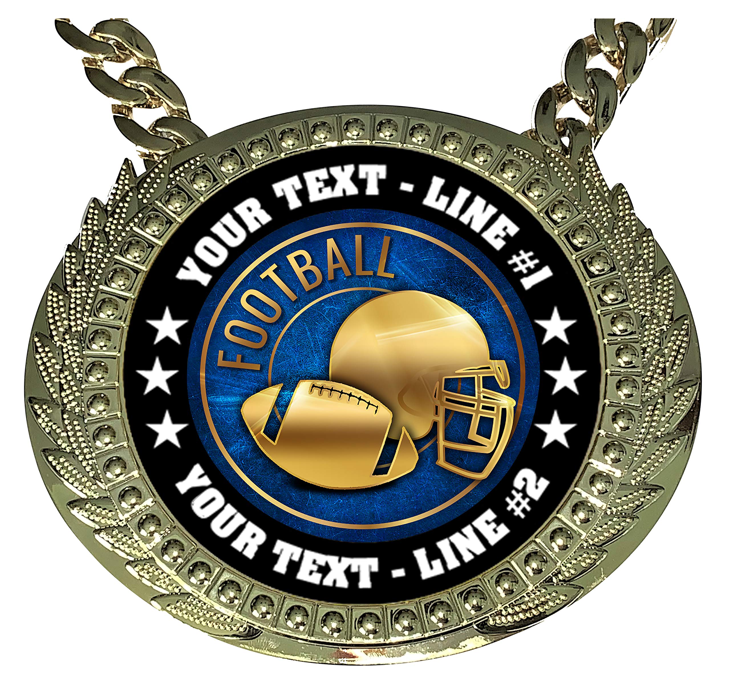 Express Medals Custom Football Champ Chain Trophy with 2 Lines of Personalized Text on a Large Rigid Plastic Award Medal and 34 Inch Long Gold Color Neck Chain. EG28