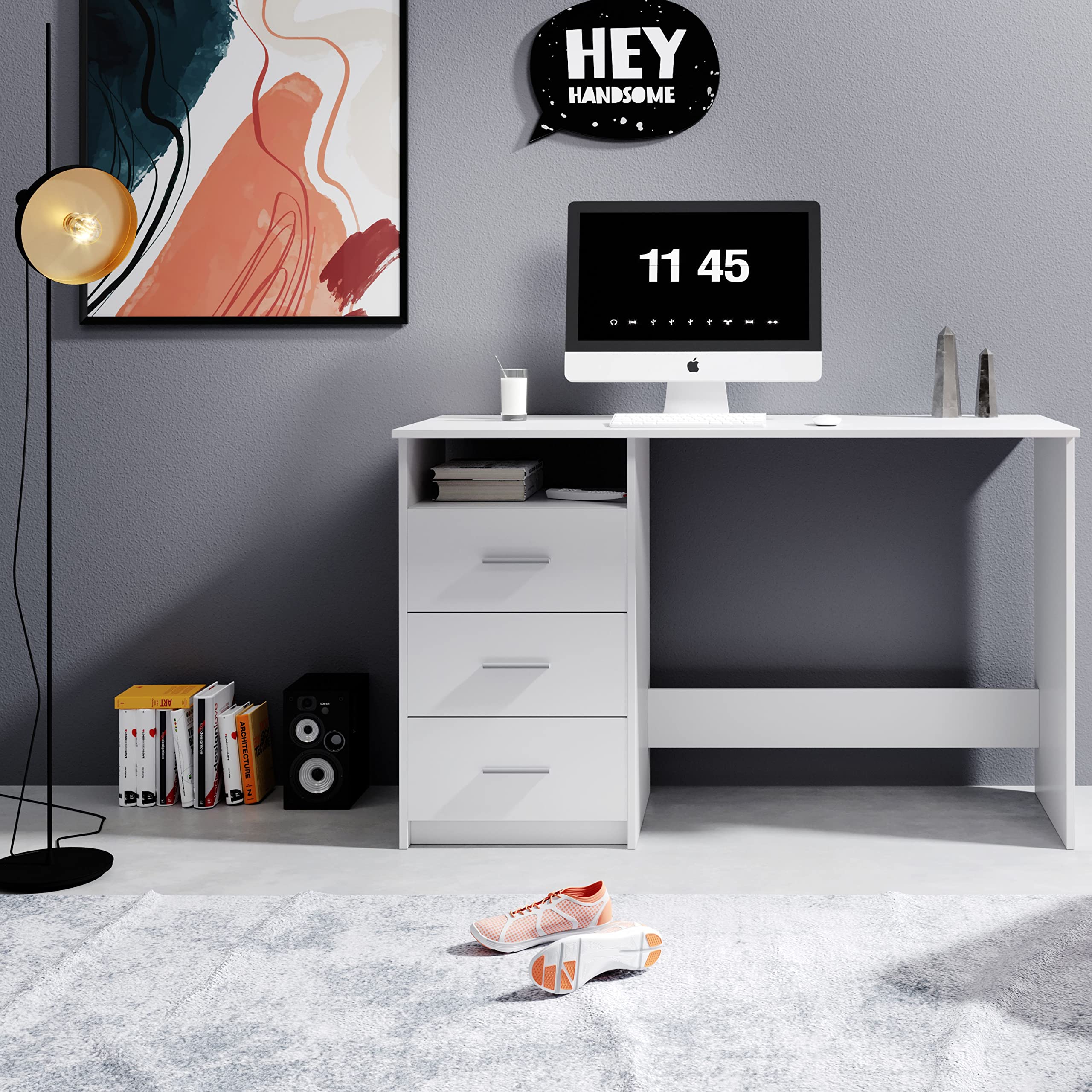 Stella Trading ADRIA Escritorio con cajones en blanco, Práctico escritorio de oficina para ordenador con amplia superficie de trabajo, 120 x 76 x 50 cm (ancho/alto/profundo)