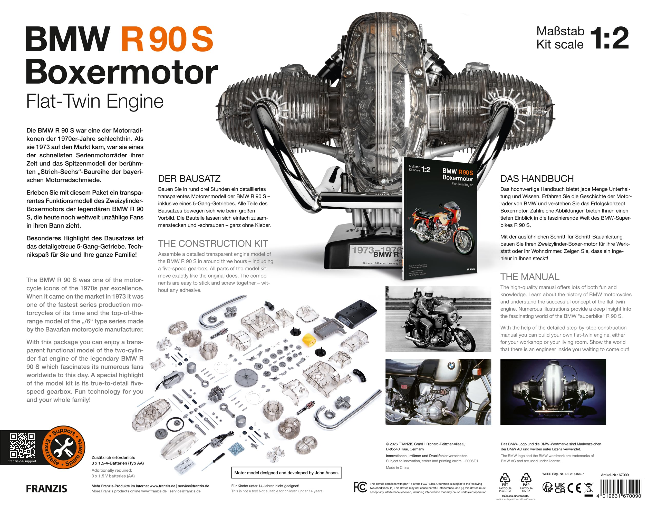 Franzis BME019 67009 0 BMW R 90 S Boxermotor originalgetreues Modell, Bausatz mit schaltbarem 5 Gang Getriebe, über 200 Teile und Begleitbuch, bunt