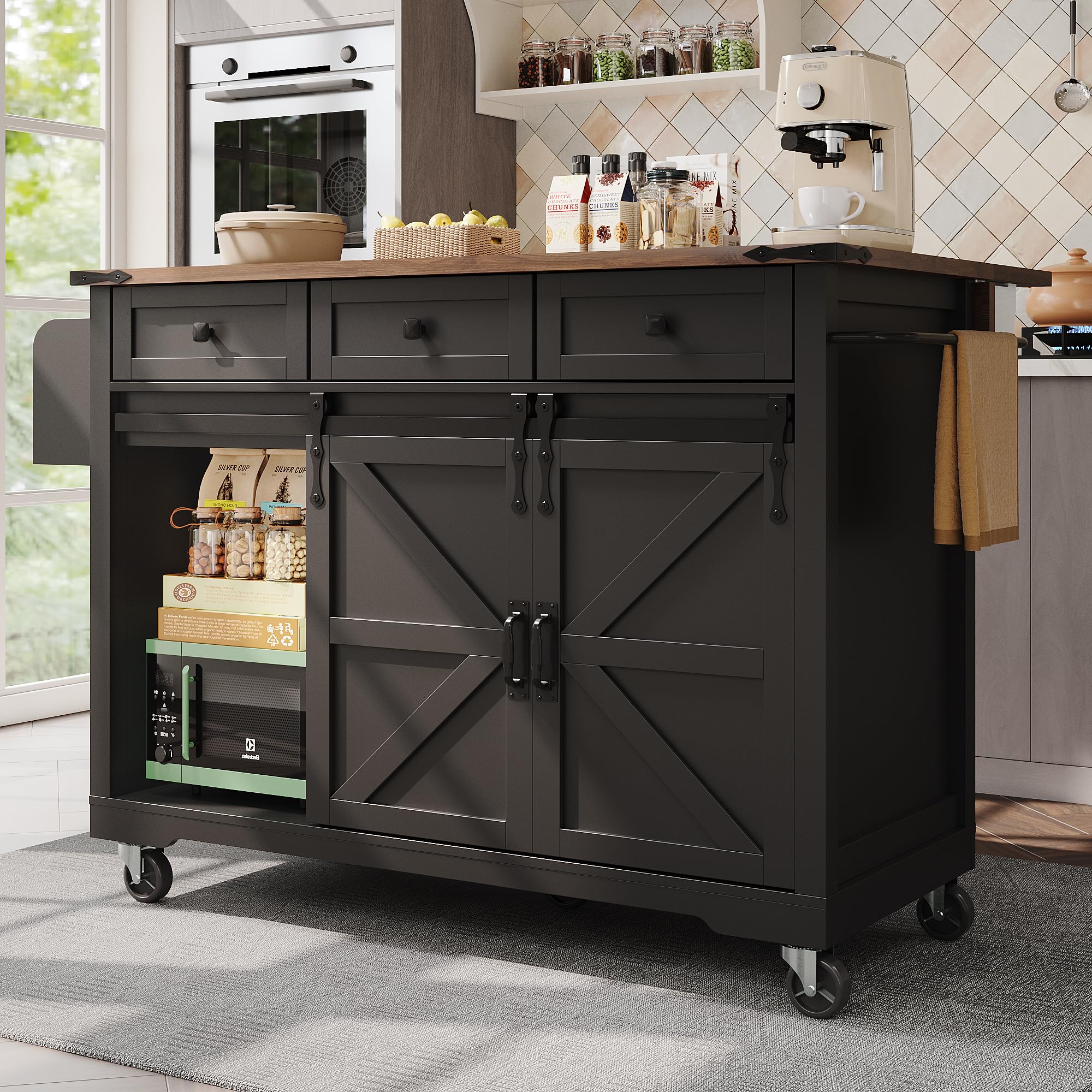 Merax Kücheninsel mit klappbarer Arbeitsplatte, Küchenwagen auf Rollen, Küchenschrank mit Schiebetüren, Servierwagen Holzoptik, mobiler Esstisch ausziehbar, Schwarz, 140x45-73x94 cm