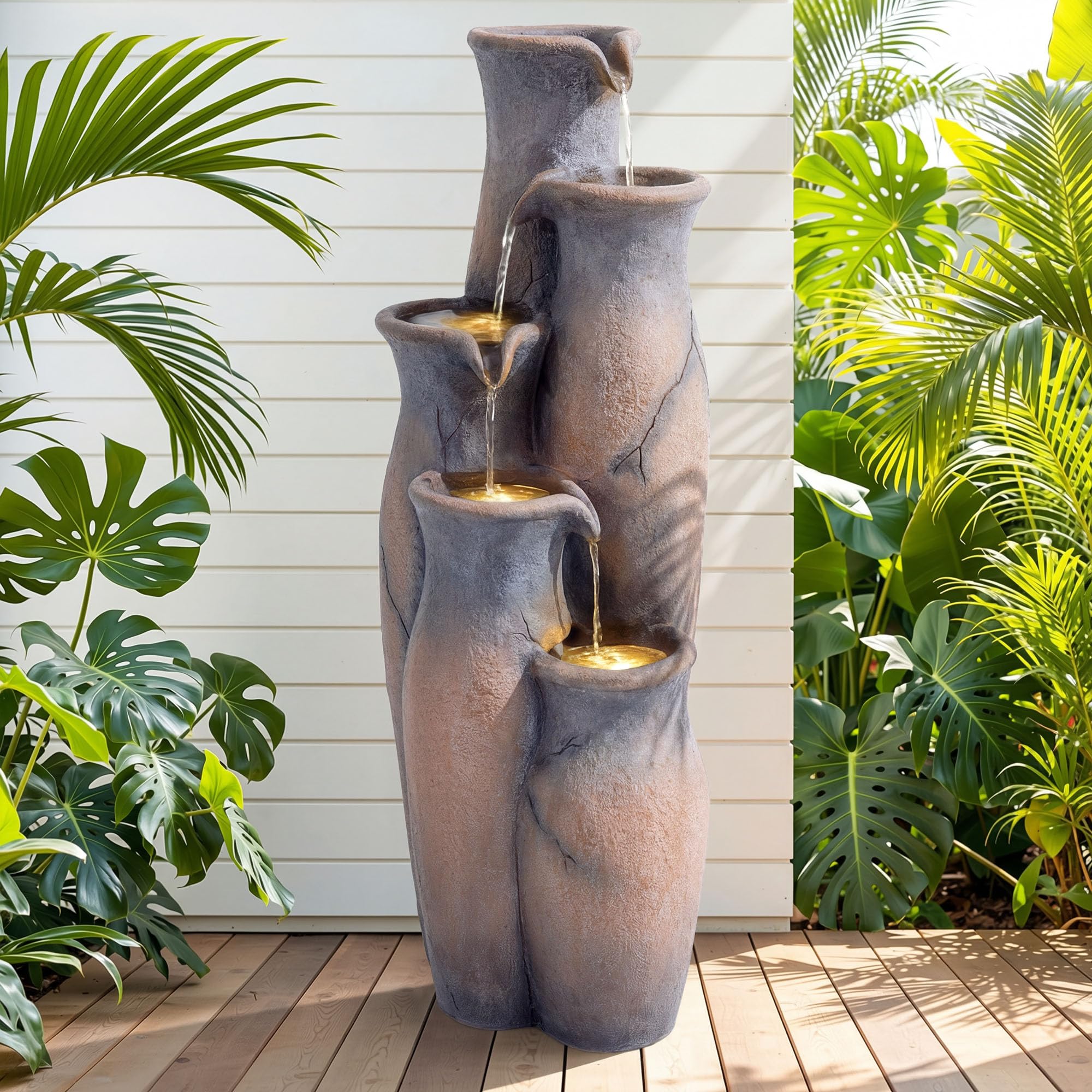 Fontana per acqua esterna di 83 cm di altezza, con illuminazione, 5 livelli, finitura rustica in pietra strappata, cascata in resina con oasis
