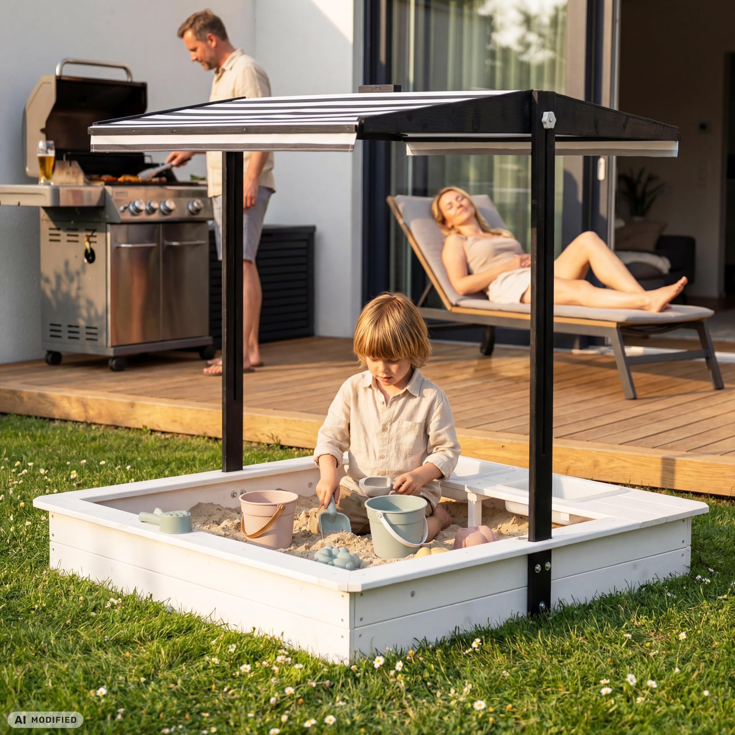 Bac à Sable Design avec Cuisine de Boue, Toit, Couverture Oxford 420D, Feutre, bac à Sable en Bois carré fermable extérieur Jardin pour Enfants, Noir Blanc