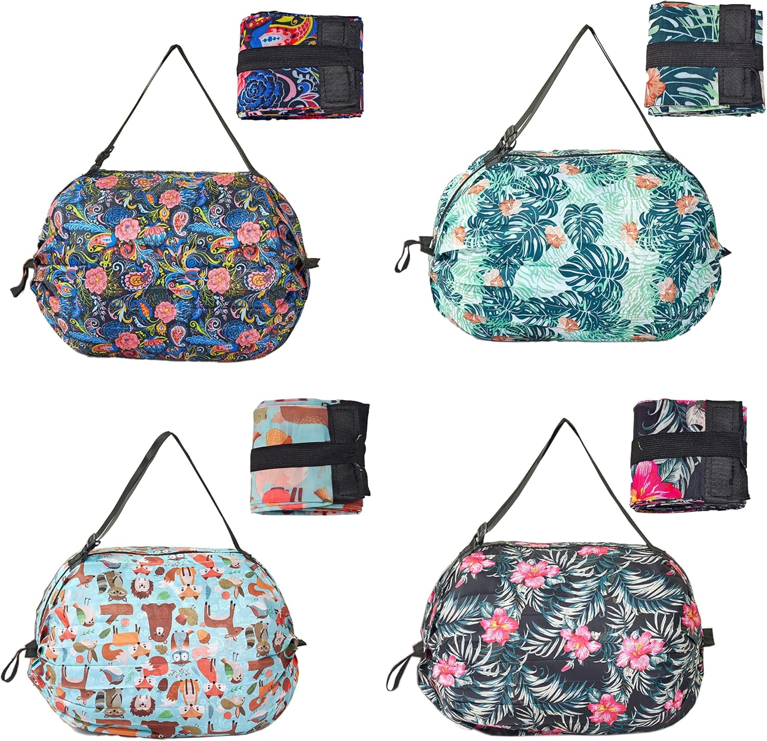 Foldable Reusable Tote Bags - Thickened 210D Nylon Waterproof Grocery Shopping Bag with Zipper & Adjustable Strap