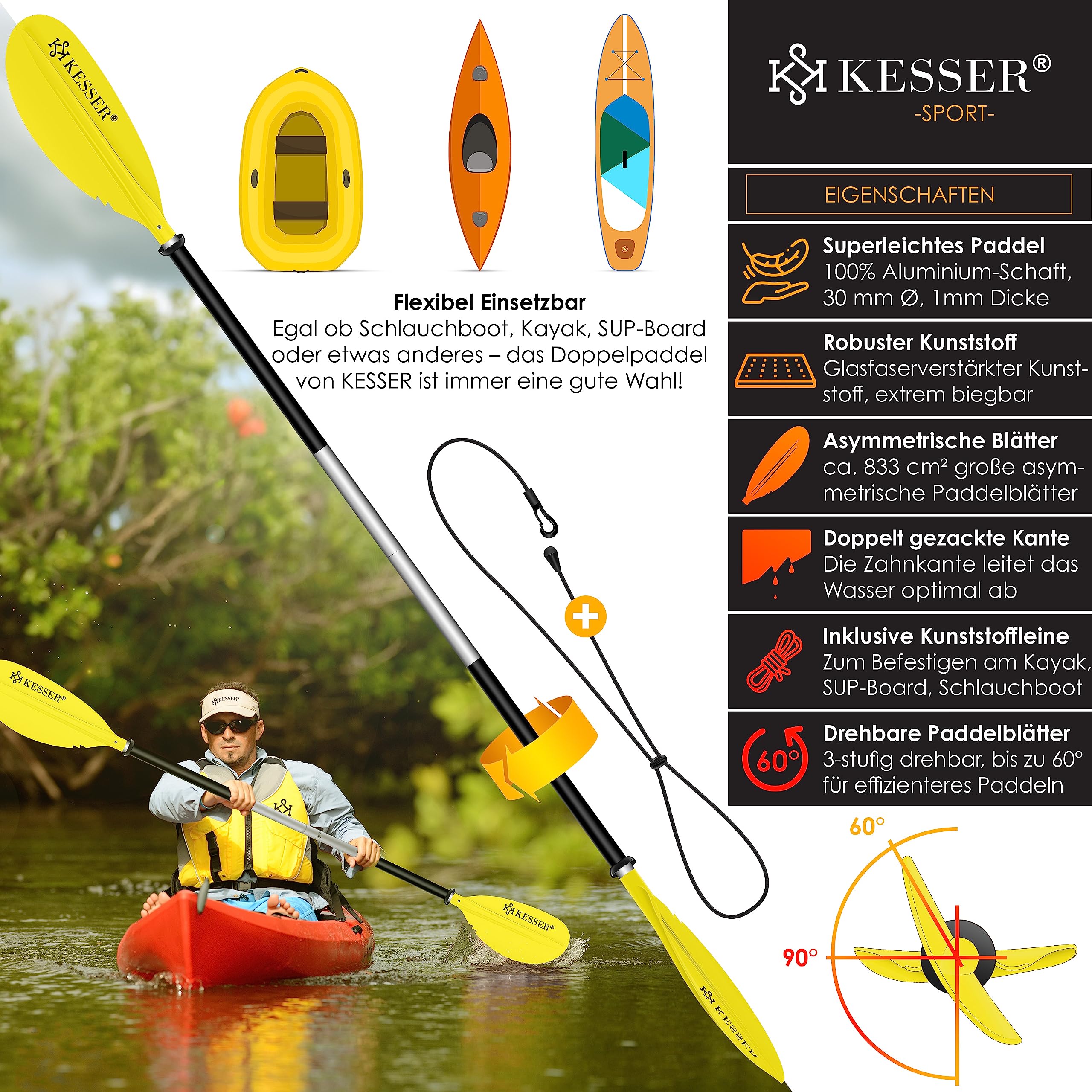 KESSER® Paddle Double pagaie – 4 pièces pour canoë, Kayak, Sup Stand-Up Paddle, Paddle, 228 cm, Aluminium Super léger pour canoë, Paddle, Kayak, Planche de Surf, Bateau