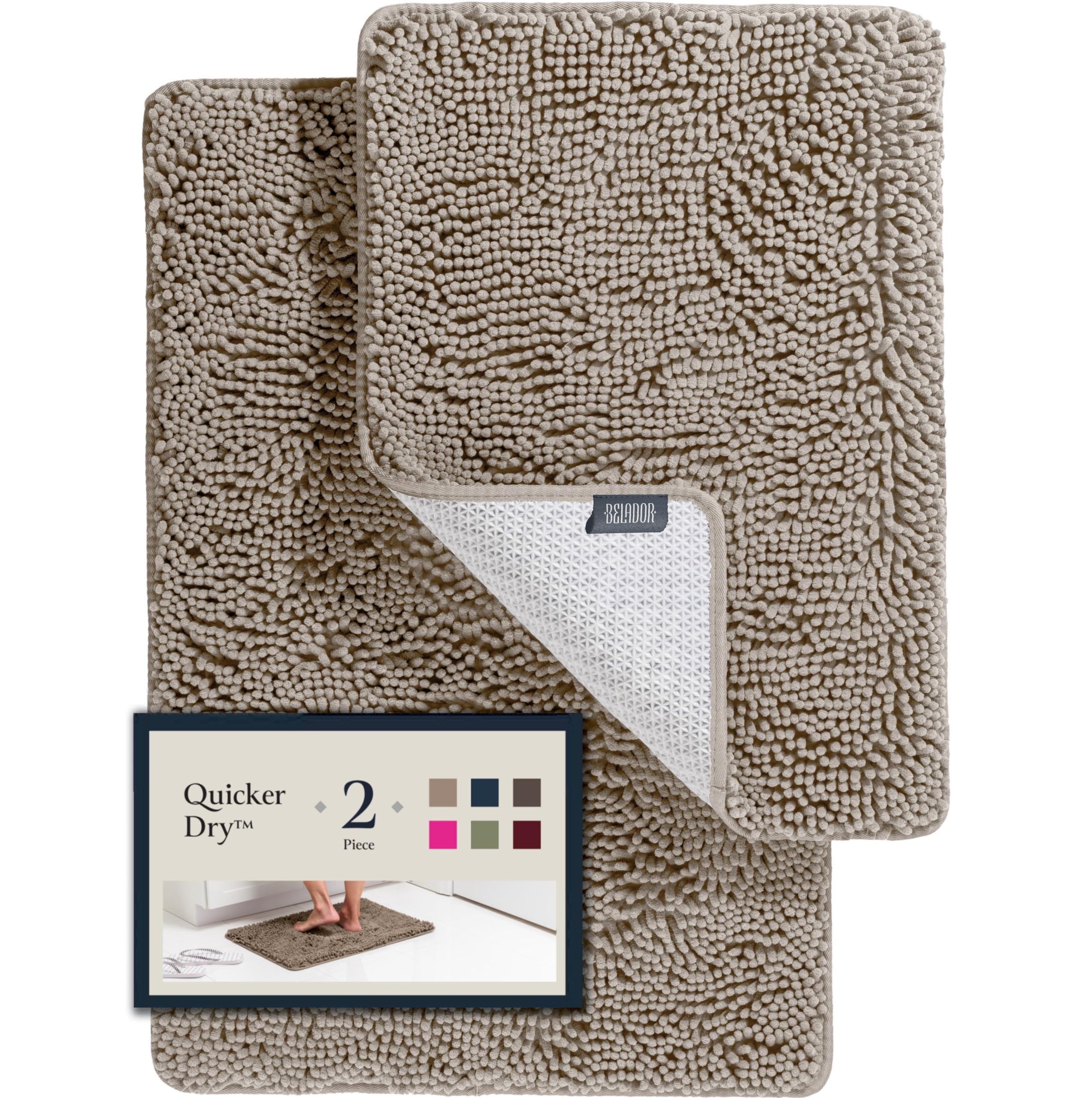 BELADOR 2 Piece Plush Chenille Bath Rug Set - Quick Dry Bath Mats with Rubber Backing, Absorbent and Washable for Bathroom