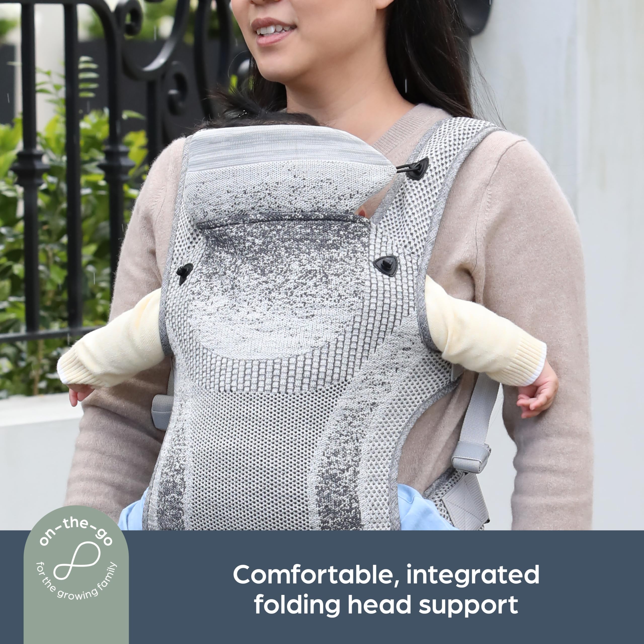 Dreambaby Inspire Porte-bébé à 3 positions, style avant et sac à dos, tissu tricoté respirant, soutien de tête confortable, sac de rangement intégré pour les parents en déplacement