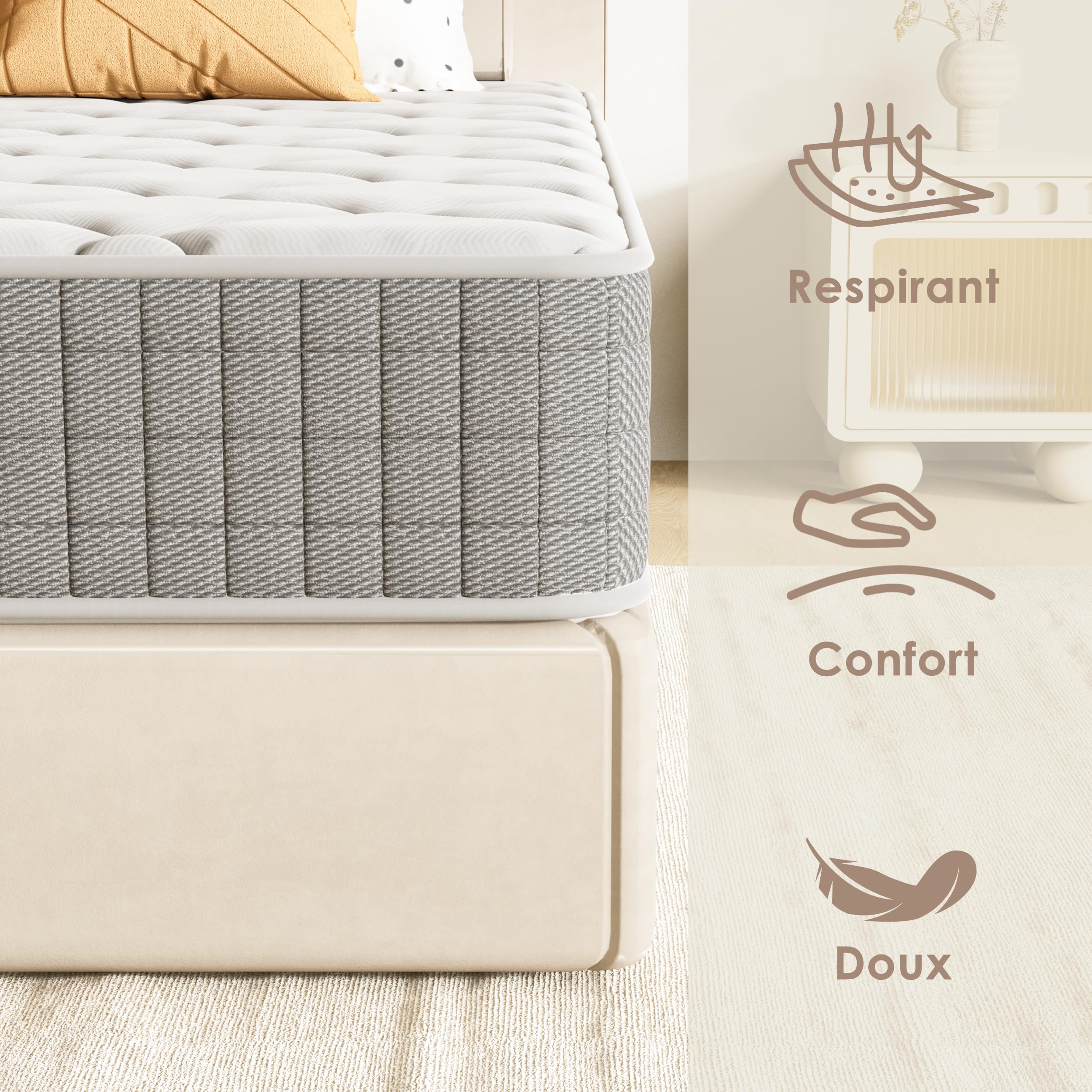DEWINNER Ensemble Lit 120x190 avec Sommier et Matelas, Cadre de Lit Une Place et Demi, Métal et Tissus avec Pieds, Matelas Memoire de Forme Épaisseur 22 cm, Scandinave, Silencieux, Robuste, Beige