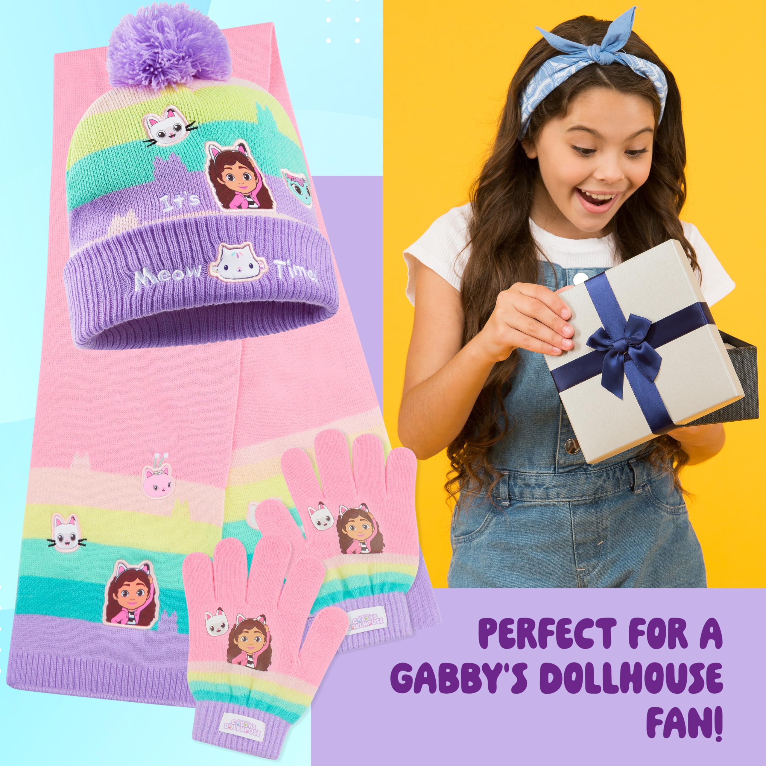 Gabby's Dollhouse Ensemble d'Accessoires d'Hiver Fille, Bonnet, Écharpe et Gants - Cadeau Enfant