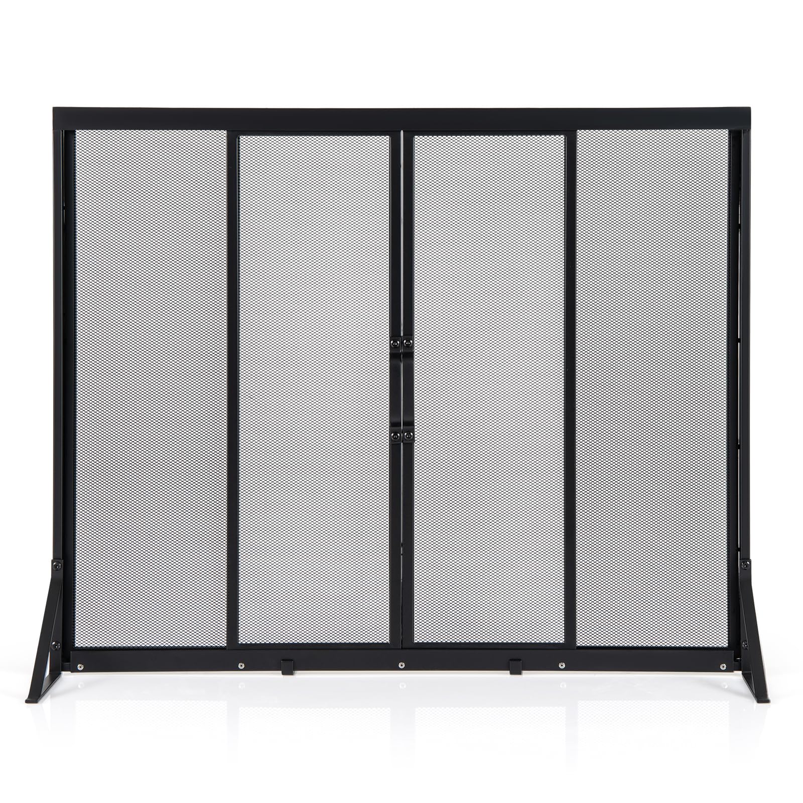 GIANTEX Schermo per Camino con Porte Scorrevoli in Metallo, Parascintille Protettivo 89 x 72/96 x 79 CM per Isolare Scintille e Cenere, Parascintille Camino con Supporto Triangolare (96 x 79 cm)